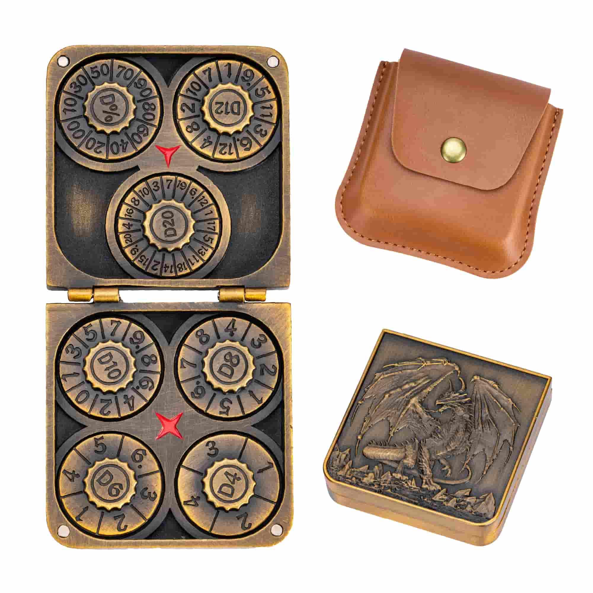 cusdie 7-in-1 Foldable Spinner Metal DND Dice Set with PU Leather Bag – Compact Design with D4, D6, D8, D10, D12, D20, D% for Role Play Game Gifts