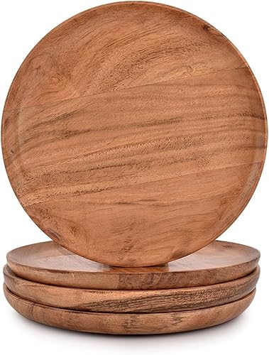Samhita Juego de 4 platos redondos de madera de acacia para otomana o mesa auxiliar, tabla de embutidos o plato de queso para sala de estar (8 x 8 x