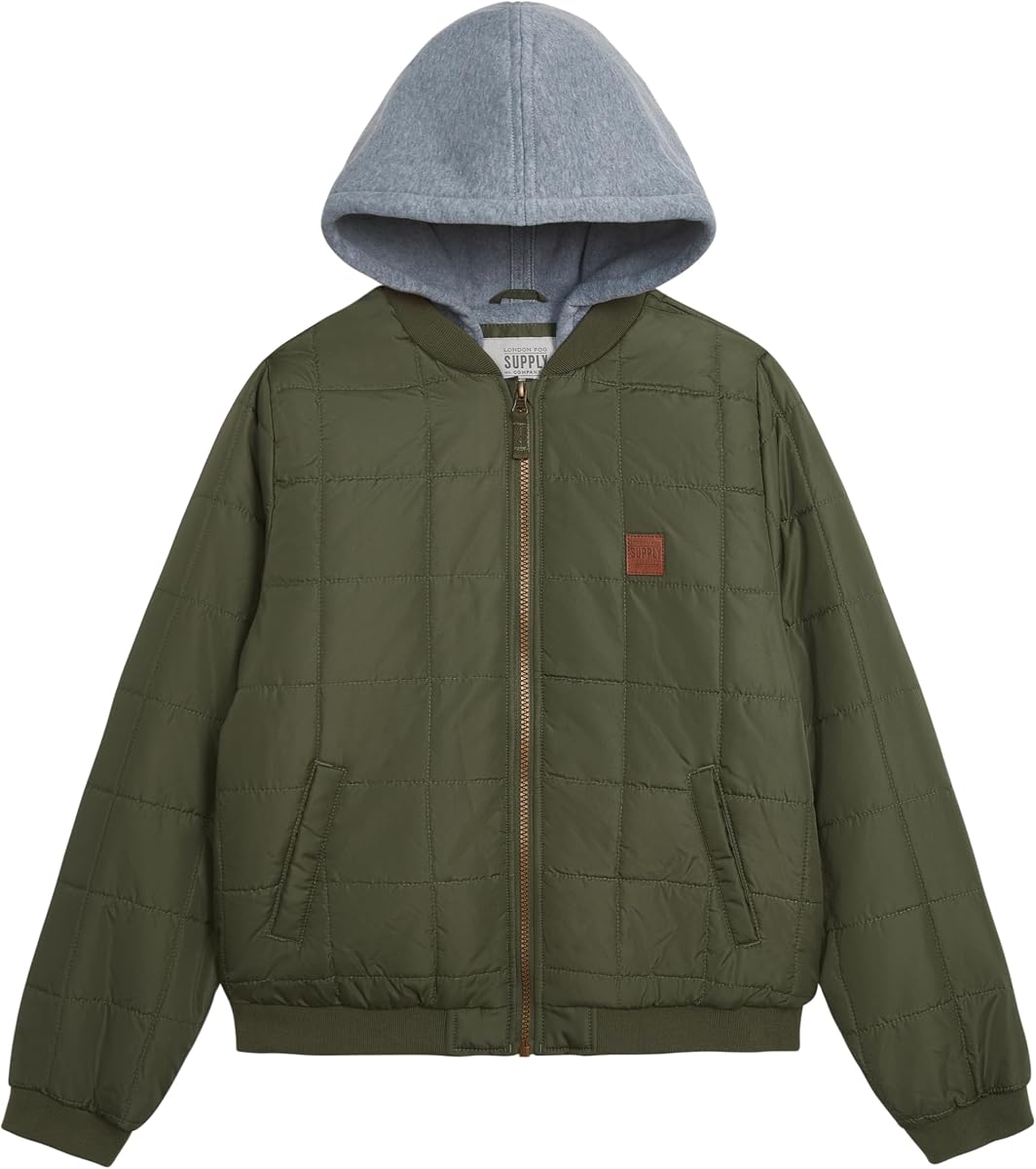 LONDON FOG Boys' Midweight Quilted Bomber Jacket With Sweatshirt Hood