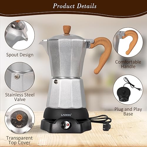 Miniatura 3 de Cafeteras Electricas Modernas, cafetera portátil de 6 tazas, olla Moka de 10.1 fl oz con base desmontable y protección contra sobrecalentamiento,