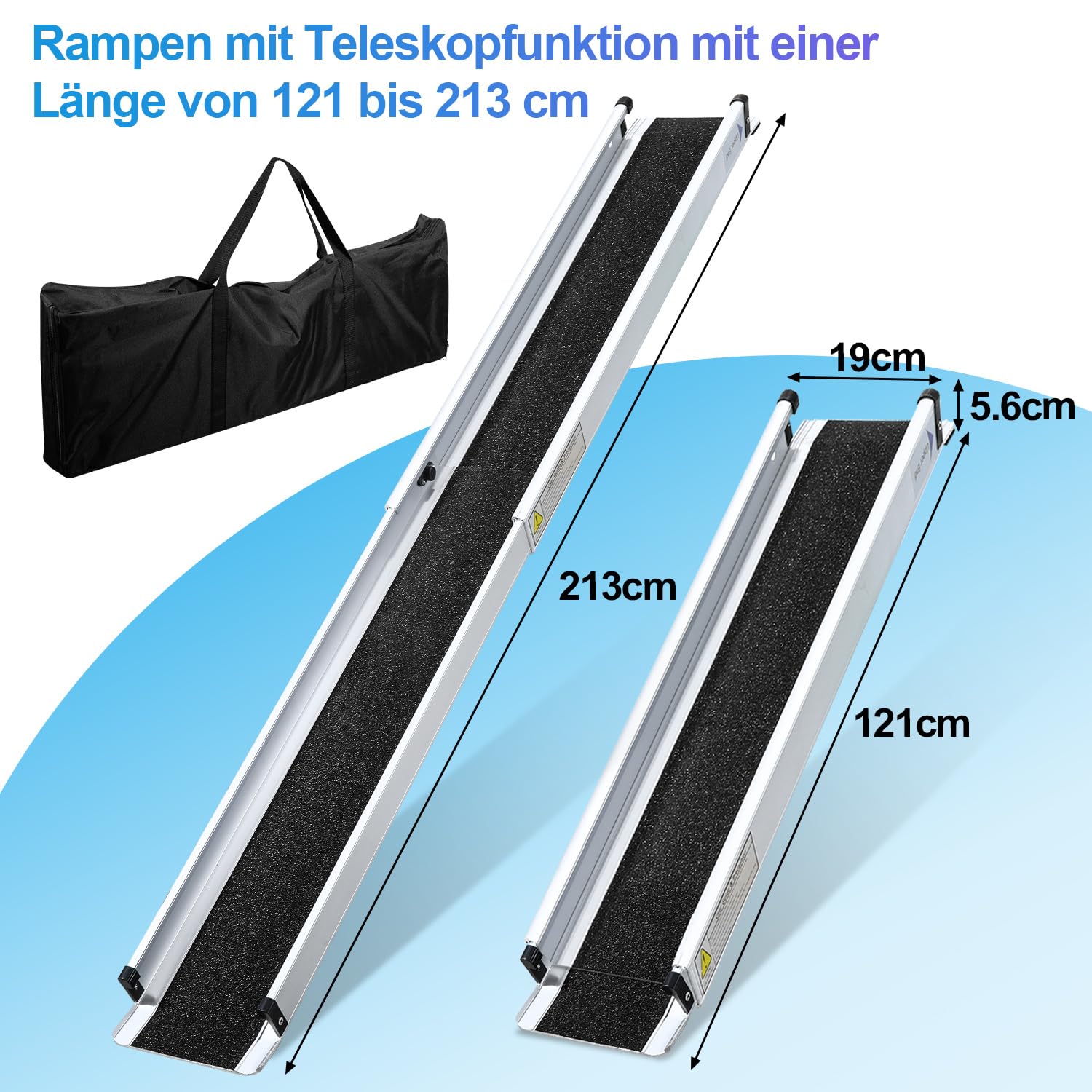 Rollstuhlrampe 2 Stück 121-213 cm Teleskoprampe aus Aluminium | Auffahrrampe für Rollstuhl bis 300 kg, mobil & rutschfest, klappbar mit Tragetasche für Treppen und Rollstuhlfahrer