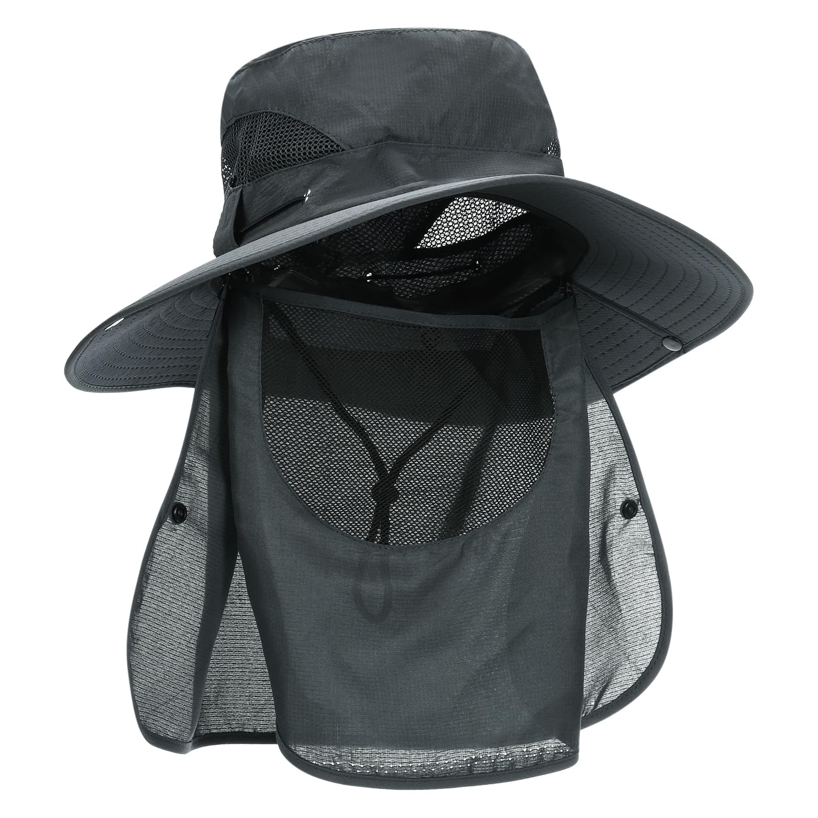 sourcing map Wide Brim Bucket Hat Polyester Sun Protection Hat Unisex Fishing Cap with Removable Neck Face Flap for Beach Hiking Garden Lawn Work Camping Outdoor, Dark Gray