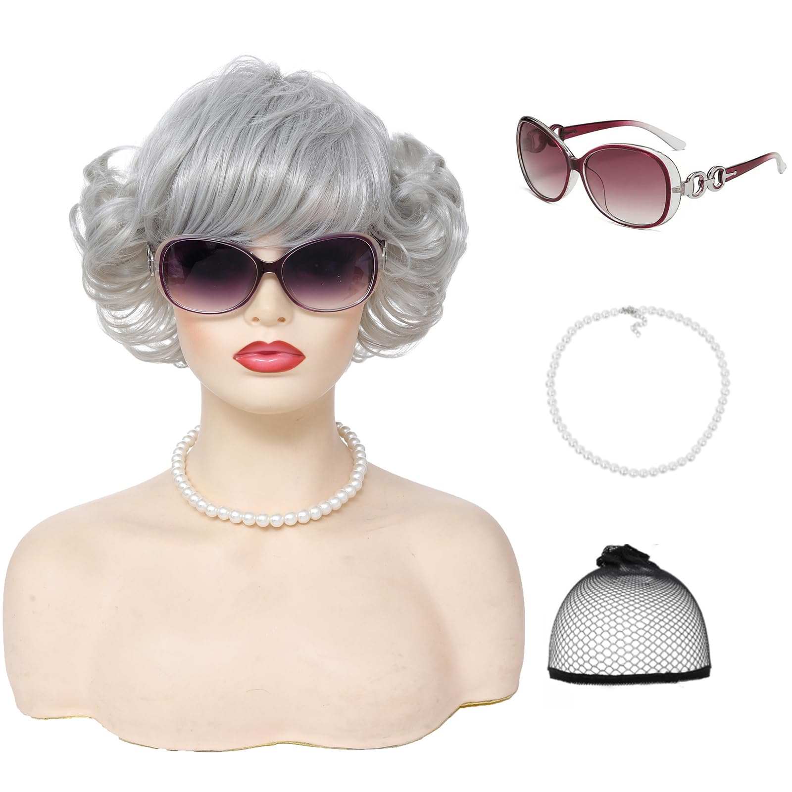 Atatoray Old Lady Wig for Women Short Curly Silver Grey Granny Wigs for Costume Cosplay themed Party (Grey)