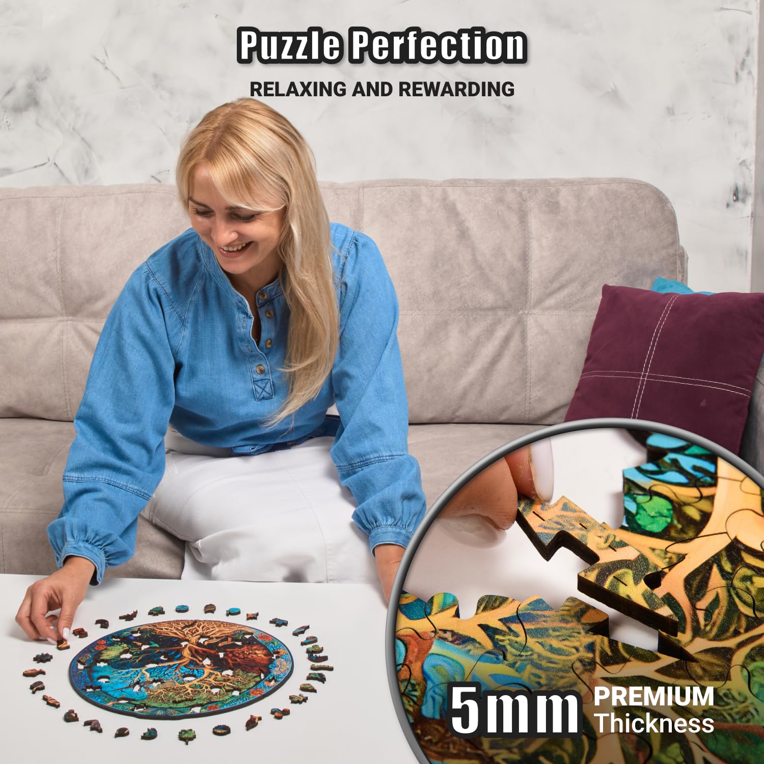 LEOGOR Wooden Jigsaw Puzzles for Adults, 200 Piece Puzzle (11.9 x 12 in), 5mm Thick Wood, Round Tree of Life Puzzles with Unique Nature Inspired Shapes, Challenging, Premium Gift for Puzzle Lovers