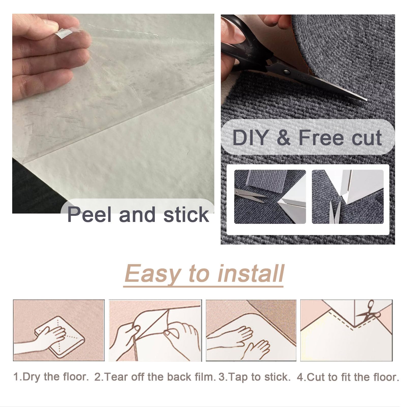Moquette quadrotte autoadesive Piastrelle per Moquette autoadesive Rimovibili da 12X12 Pollici, stacca e incolla, Tappetino Multiuso per Uso su pavimentazione, Antiscivolo, Resistente, 10/20/30 Pezzi