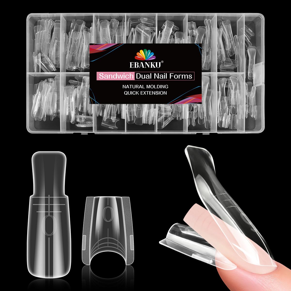 EBANKU Poly Nail Gel Sandwich Nail Form Dual System, 240 Pcs Reusable Top & Bottom Oval Coffin Nail Forms with Guide Lines Side Locking Clips Stable Apex Control Builder Gel Structure Extensions