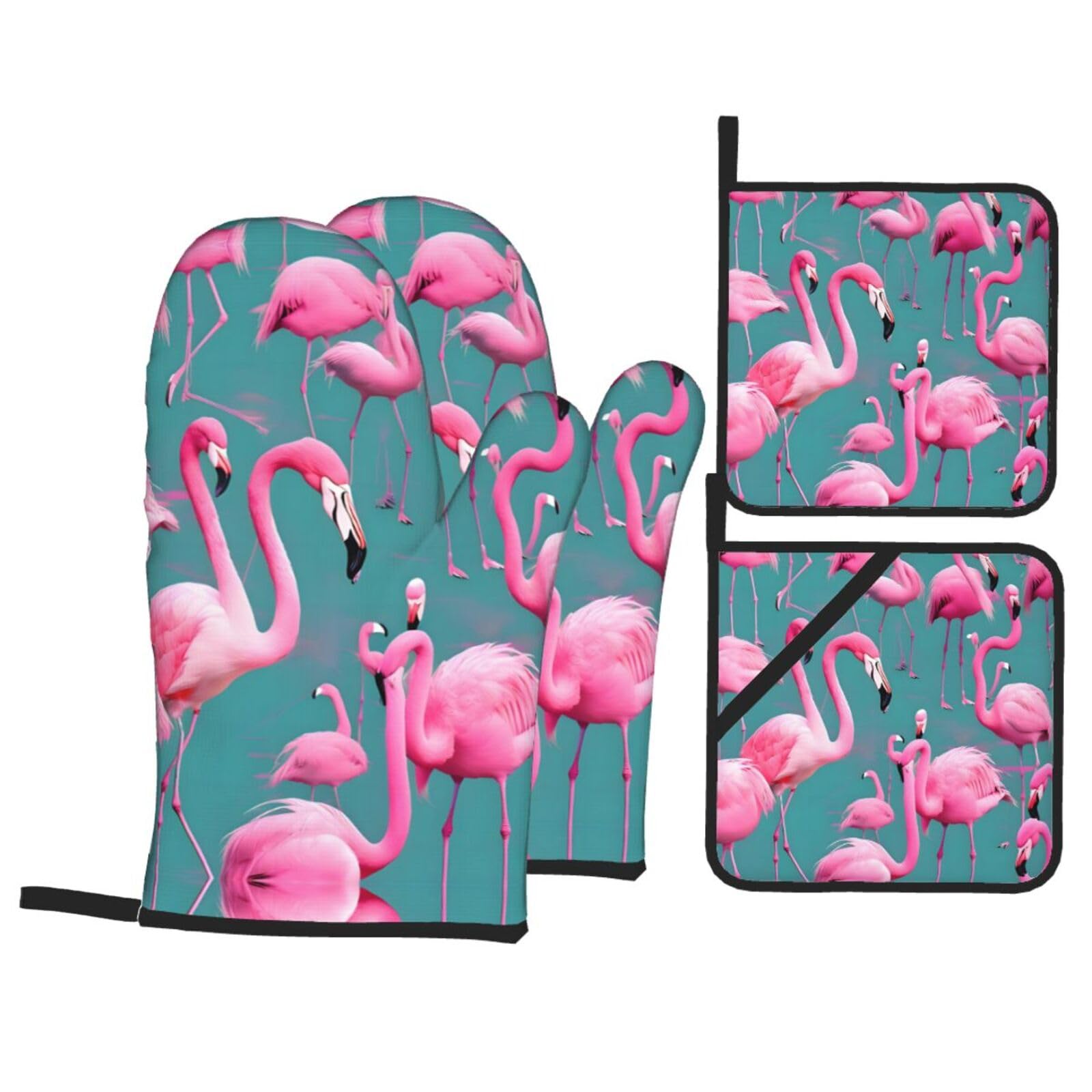 YYHHAOFA A flock of flamingos Prints Kitchen Baking Set with Heat Resistant Pot Holders & Oven Mitts - Waterproof Layer for Hot Dishes, Grill & Microwave