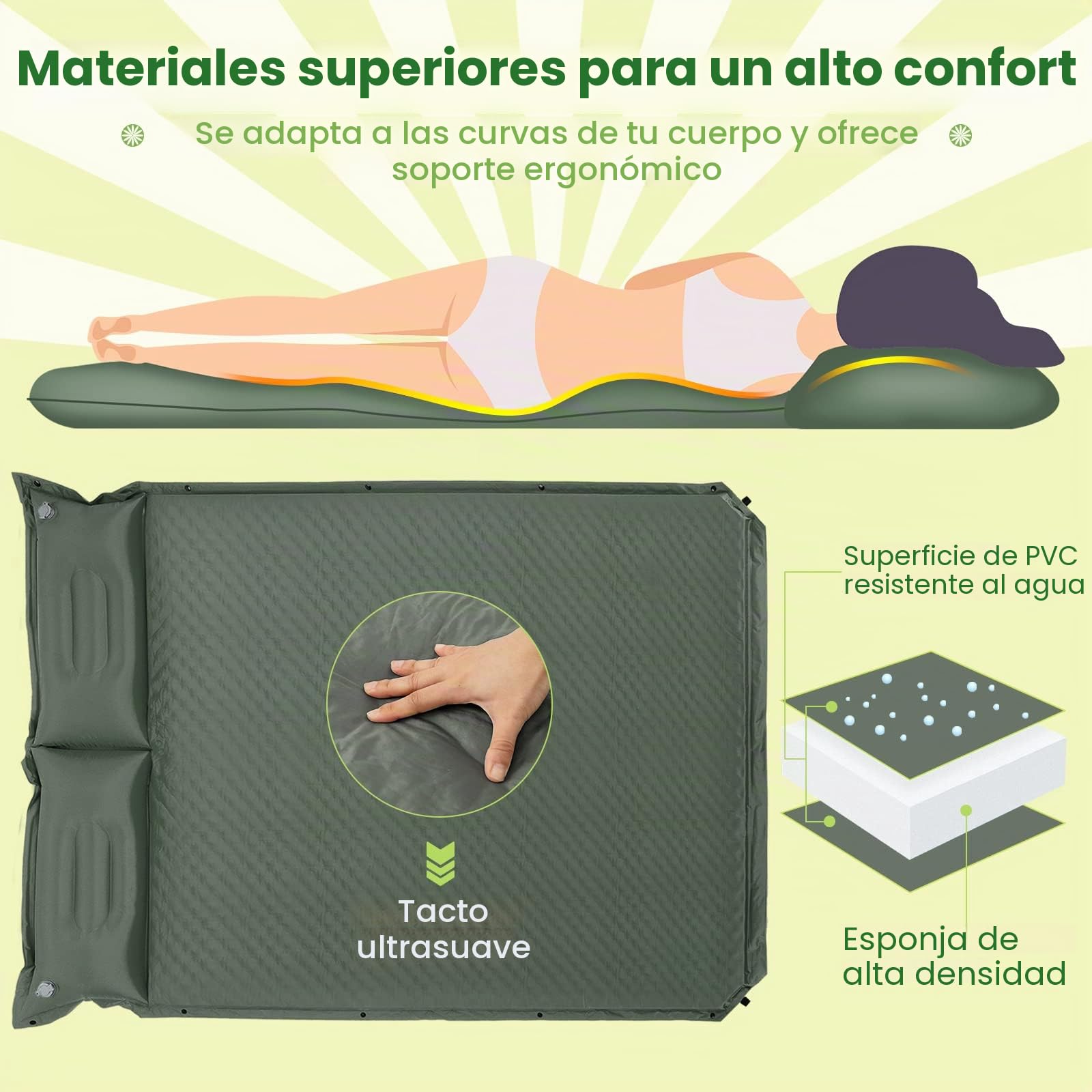 COSTWAY Colchón para Acampar con Almohada Colchoneta Autoinflable para 2 Personas Colchón Doble en Espuma para Camping Senderismo Vacaciones (Verde)