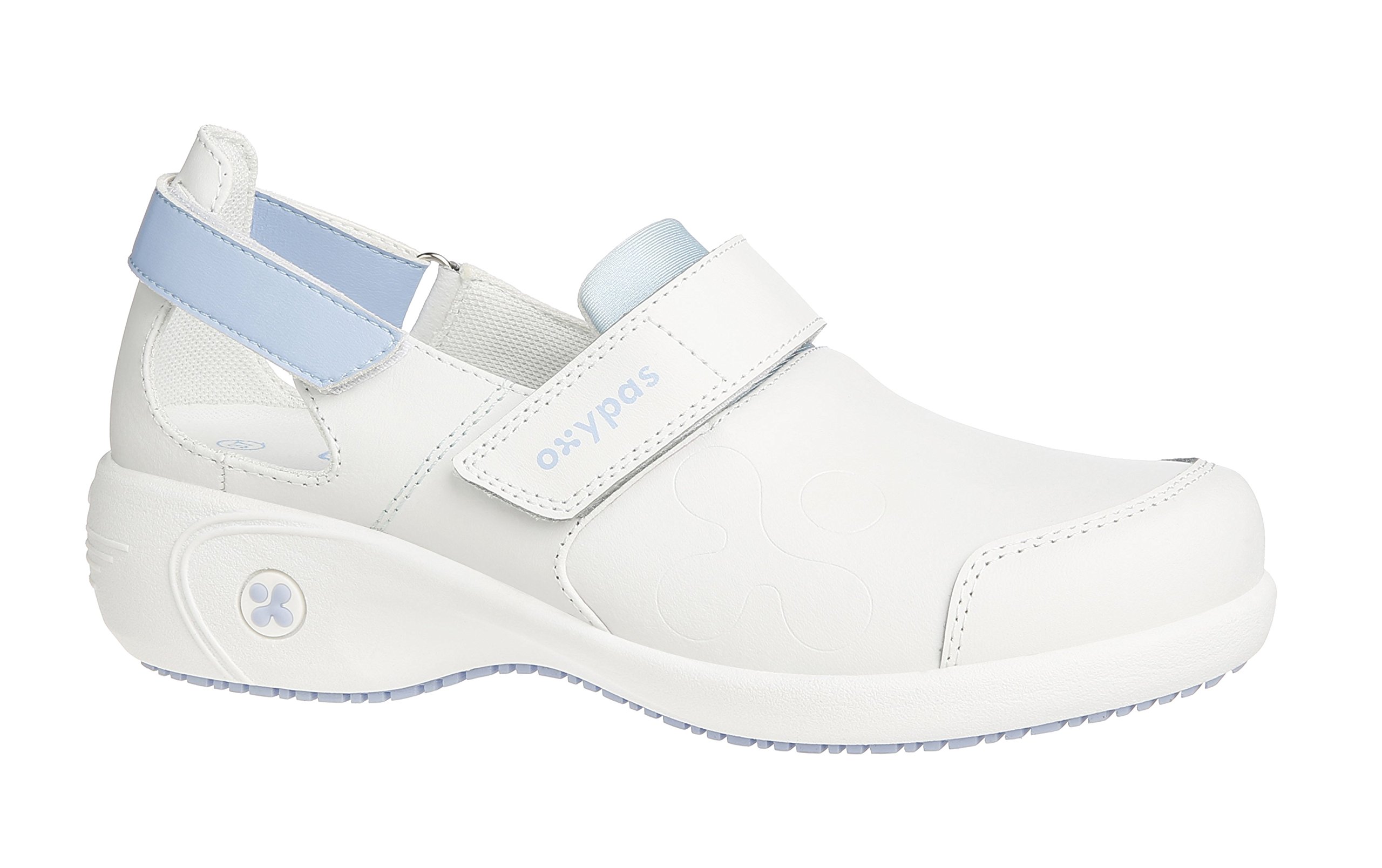 Oxypas Arbetsschuhe aus Leder - SALMA - Sicherheitsclog für Damen, rutschfeste und Bequeme Schuhe ideal für Krankenhaus und Pflege, Weiss Blau, 39 EU
