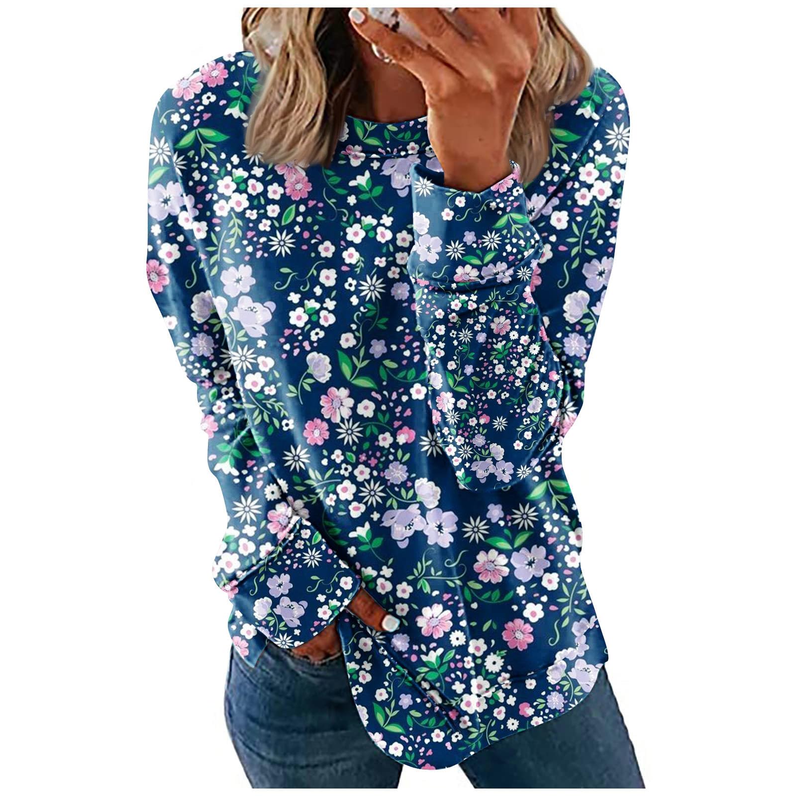 DealinM Going Out Tops for Women Printing Long Sleeve Outfits Fall Round Neck Sweatshirt Comfy Dressy Relaxed Fit Pullover