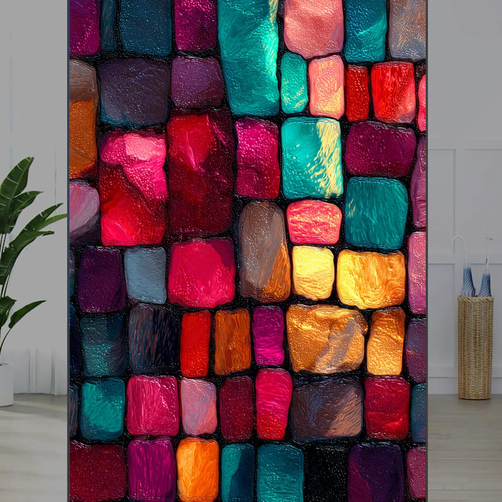 FOCCAFB Fantasy Cube Stained Glass Window Film, Abstract Colorful Geometric Peel and Stick Privacy Film, Frosted Adhesive Vinyl Decorative for Bathroom Windows Glass Doors, （45x90cm）