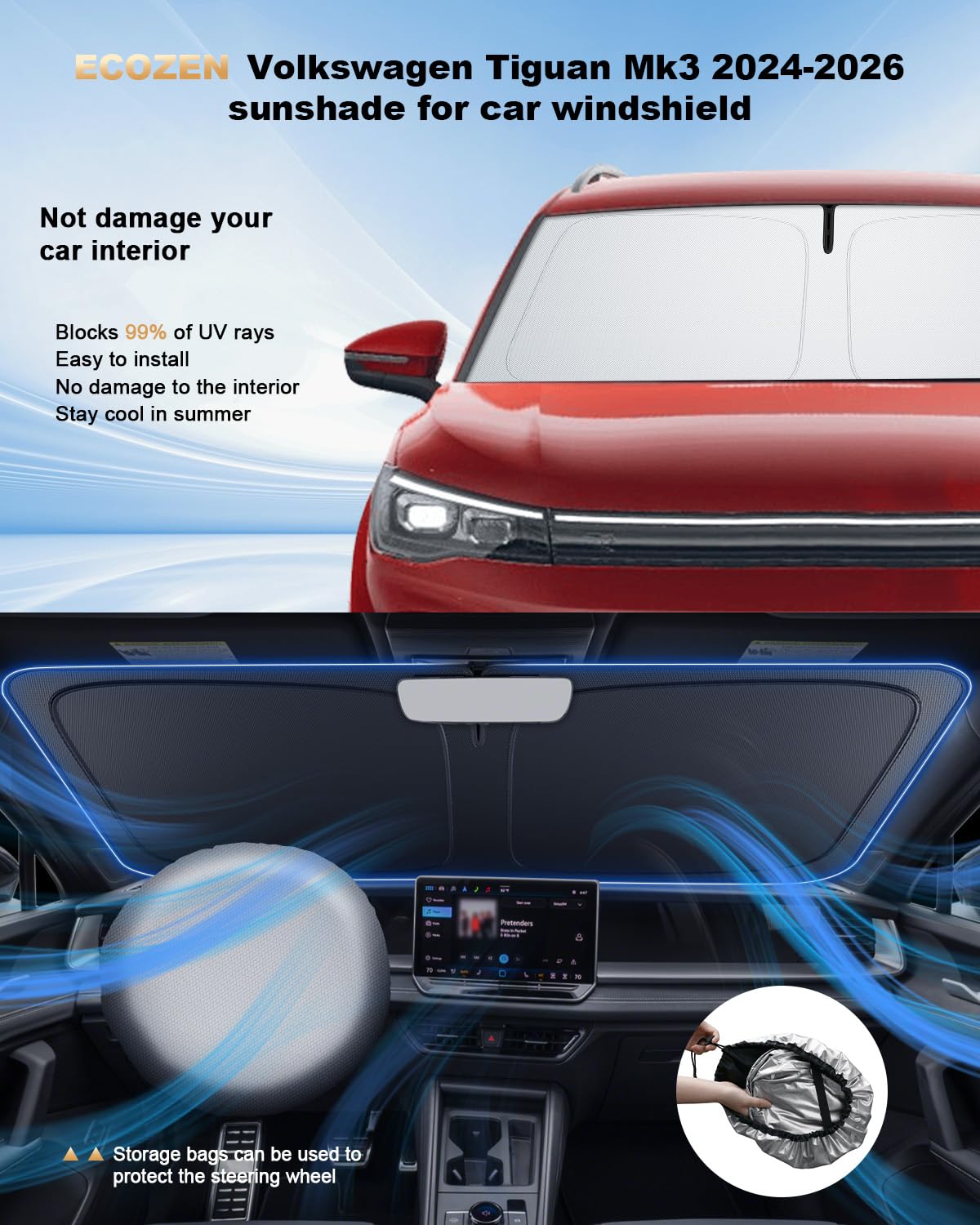 ECOZEN Parasol Coche Delantero Plegable VW Tiguan 3 2024-2026 con Bolsa de Almacenaje, Protección UV y Solar, Tejido Engrosado, Parasol para Parabrisas Delantero de Coche VW Tiguan mk3 Accesorios
