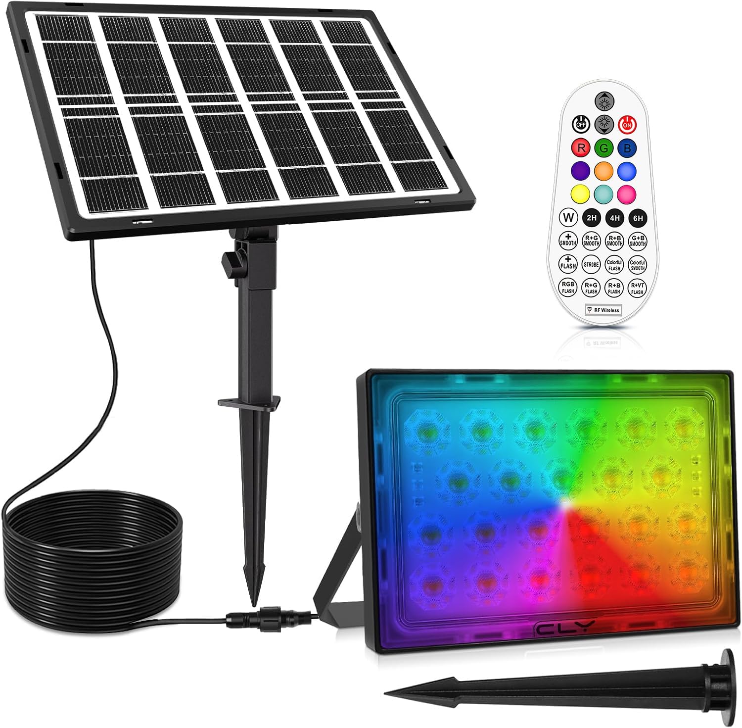CLY Color Changing Solar Lights with Remote, IP66 Waterproof Outdoor Solar Flood Light 10 Colors 12 Modes 6 Brightness, Timer Memory Function 5M Cord for Stage Party Garden Wall Washer Light
