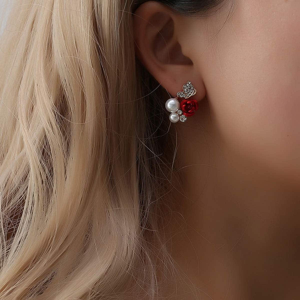 Flower Pearl Earrings - CZ Floral Pearl Stud Earrings for Women,S925 Sterling Silver Red Rose Pearl Stud Earrings Hypoallergenic,Spring Dainty Earrings Gifts for - Image 4