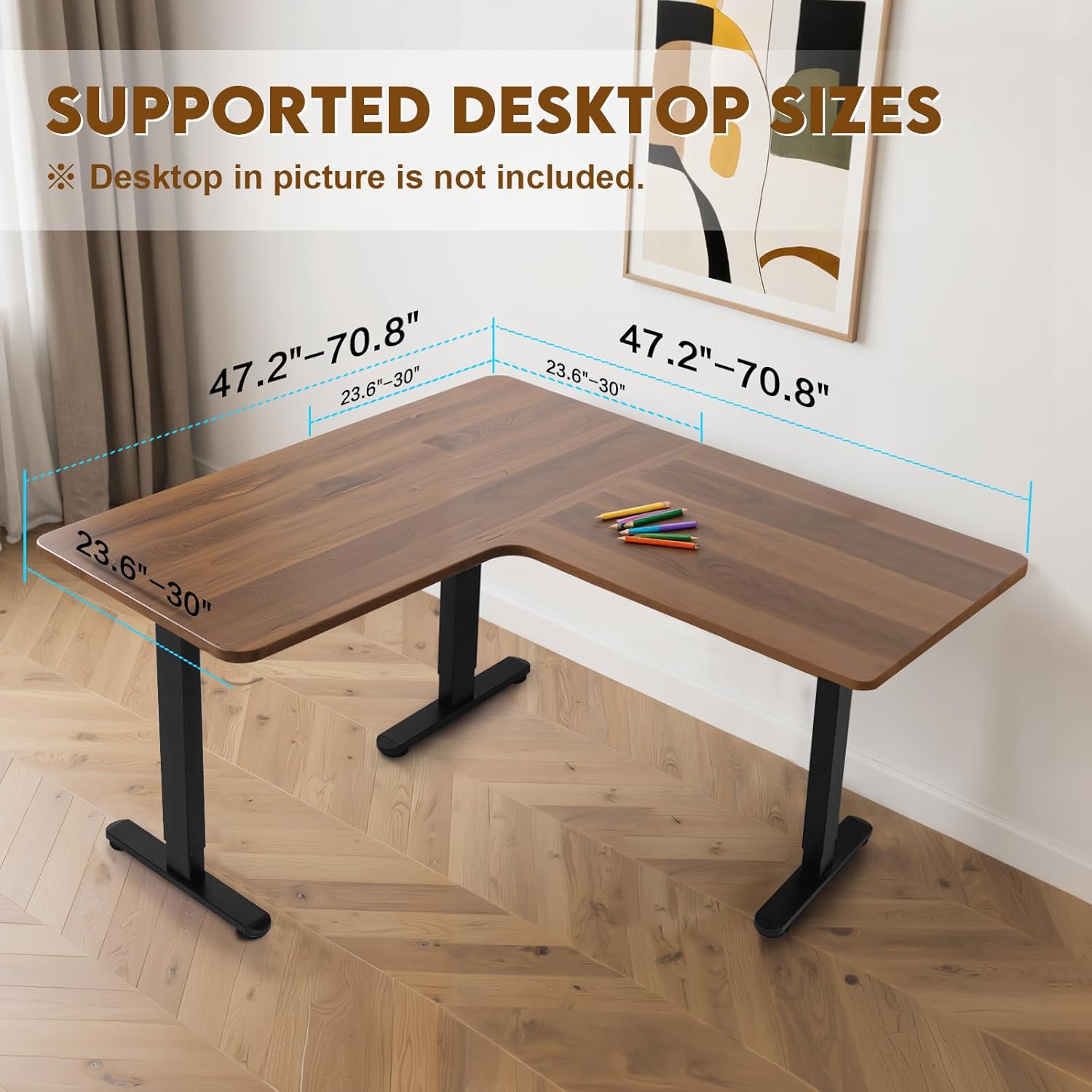 Diagram showing supported L-shaped desktop dimensions for the TOPSKY desk frame.
