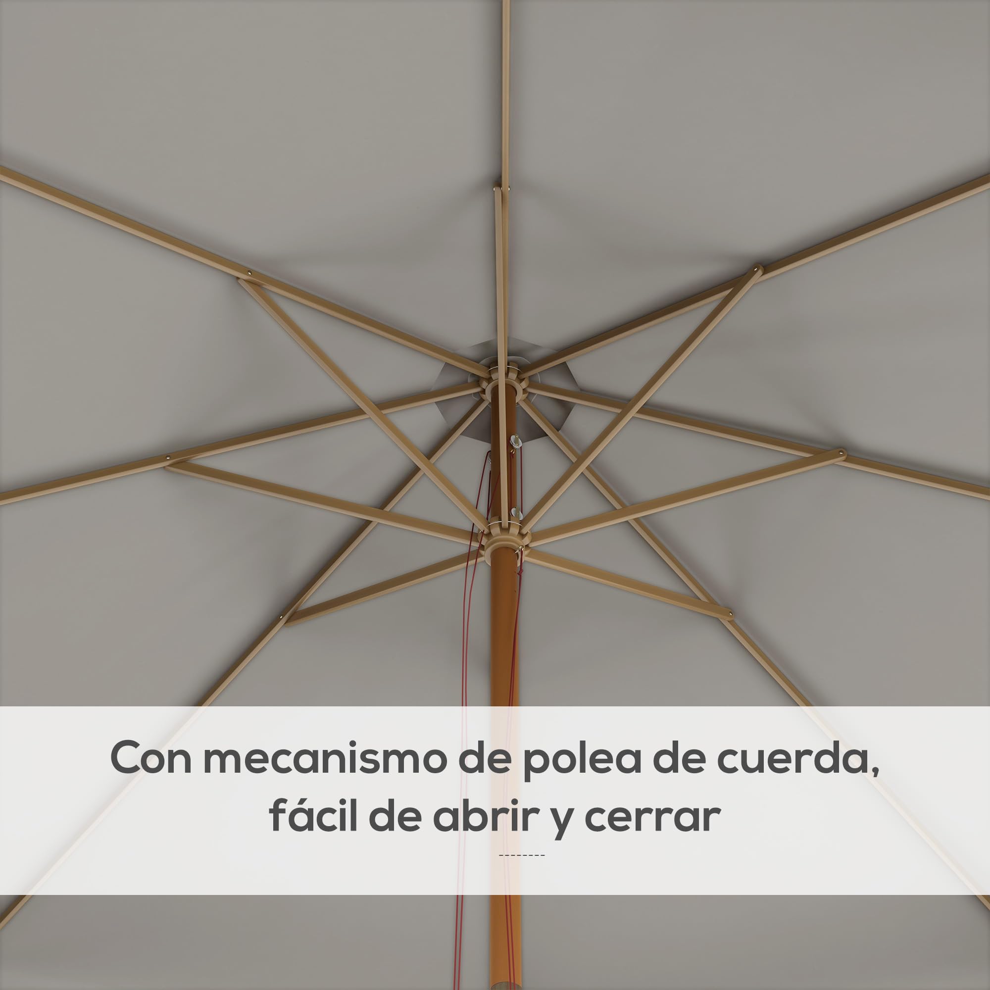 Outsunny Sombrilla Terraza Exterior Ø325 cm Sombrilla de Jardín con Sistema de Polea Techo Ventilado 8 Varillas de Bambú y Poste de Madera Parasol para Patio Terraza
