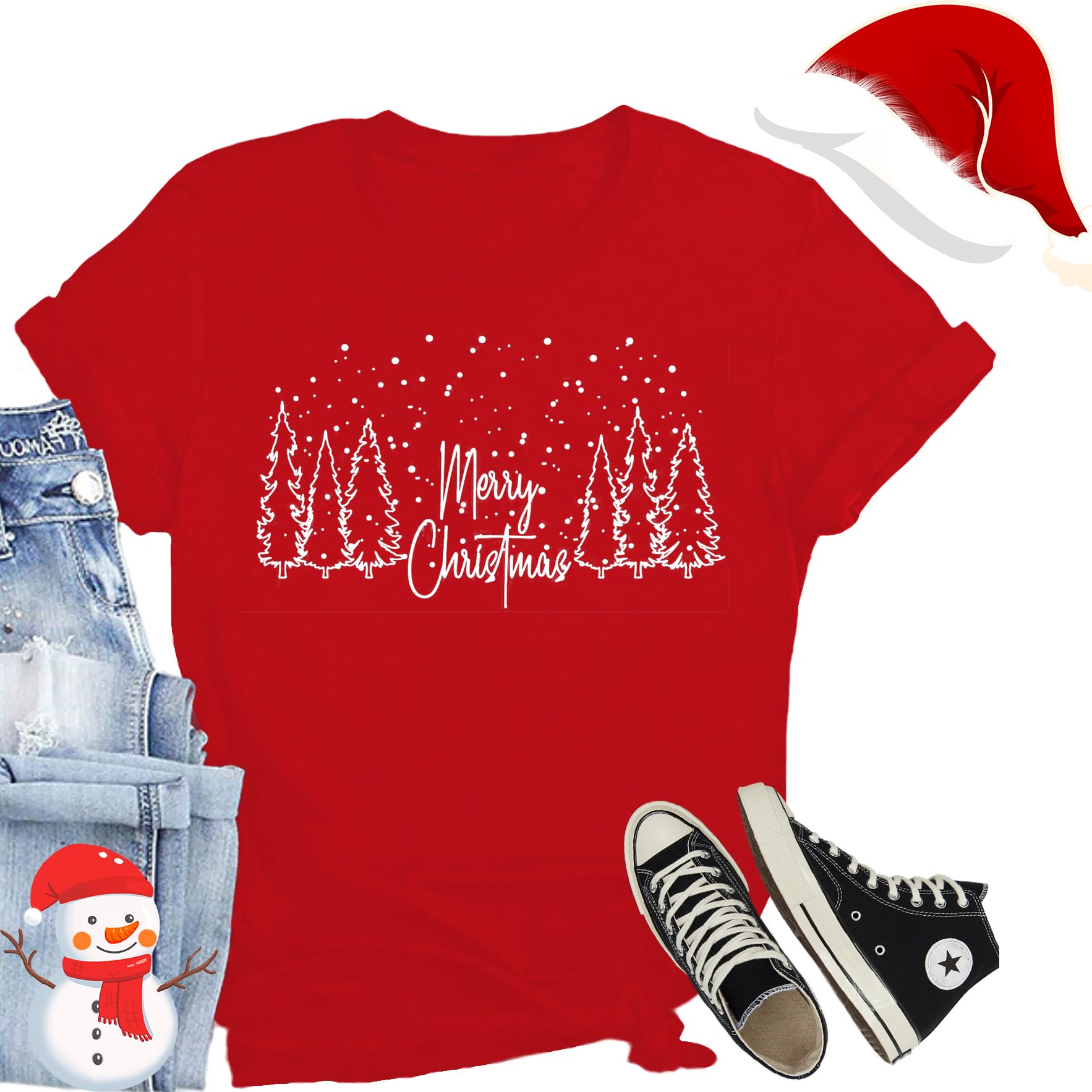 CQF Christmas Shirts for Women Merry Christmas Trees Printed T-Shirt Cute Xmas Holiday Tee Tops