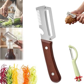 2-in-1 Serrated Peeling Knife Premium Vegetable Peeler, Ultra-Sharp Stainless Steel Blade with Wooden Handle & Built-in Bottle Opener, Multi-Function Kitchen Tool for Fruits, Veggies & Potatoes 1PC