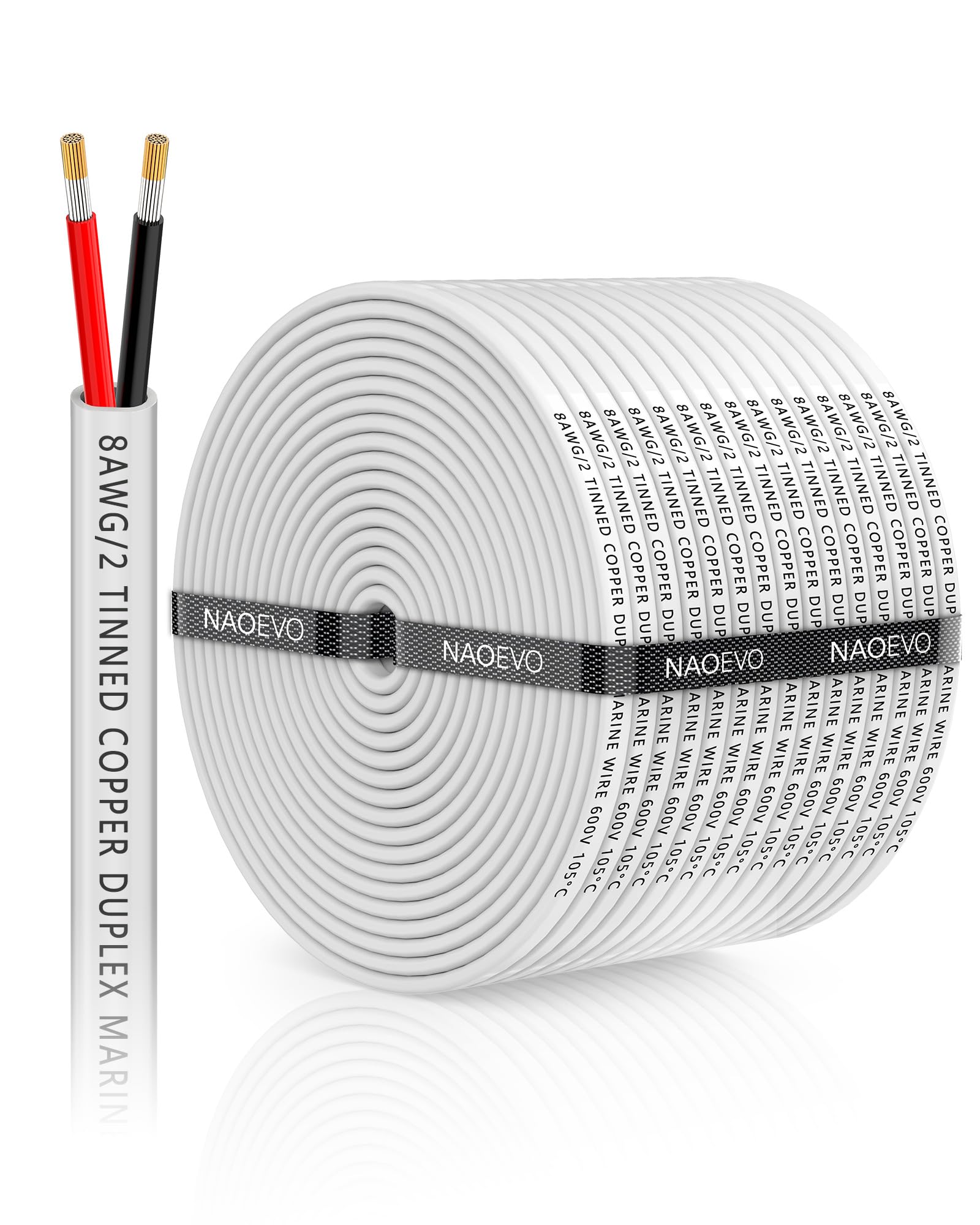 NAOEVO 8 Gauge Marine Wire Duplex, 8 AWG Stranded PVC Marine Electrical Wire, Waterproof/Corrosion Resistant/Tinned Copper Electrical Cable for Boat/Automotive/RV/Solar (100FT)