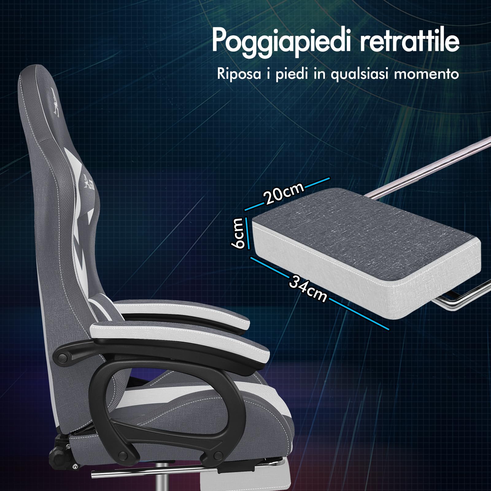 ALFORDSON Sedia da Gaming con LED, Sedia Gamer con Massaggio a 8 Punti, Sedia da gioco ergonomica con Illuminazione RGB con Supporto Lombare e Poggiatesta, Materiale in tessuto, Giunzione Grigia
