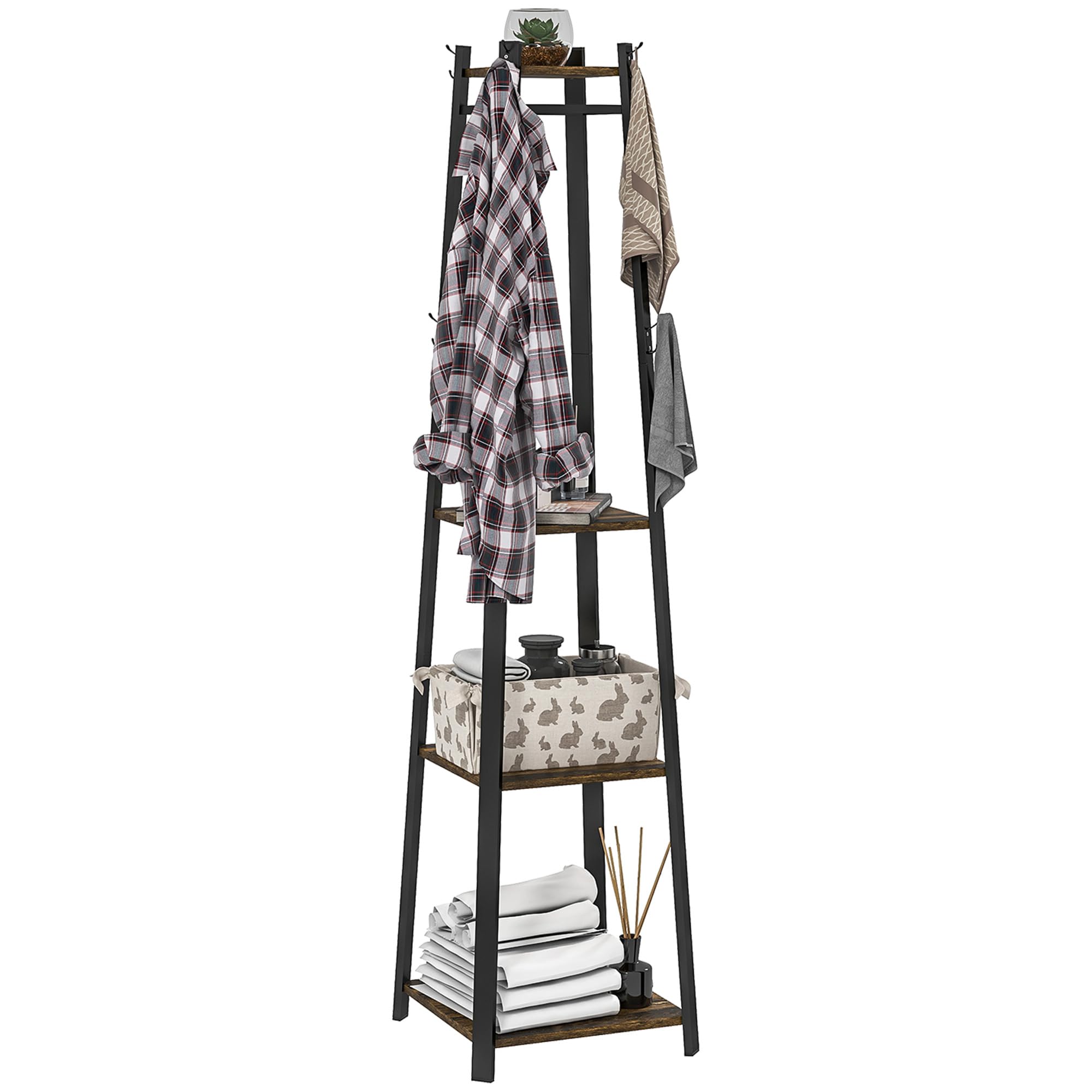 HOMCOM Appendiabiti da Terra con 8 Ganci, 3 Ripiani e Mensola Superiore, Attaccapanni Design a Trapezio per Ingresso, Camera da Letto e Salotto, 42x42x170 cm, Marrone Rustico