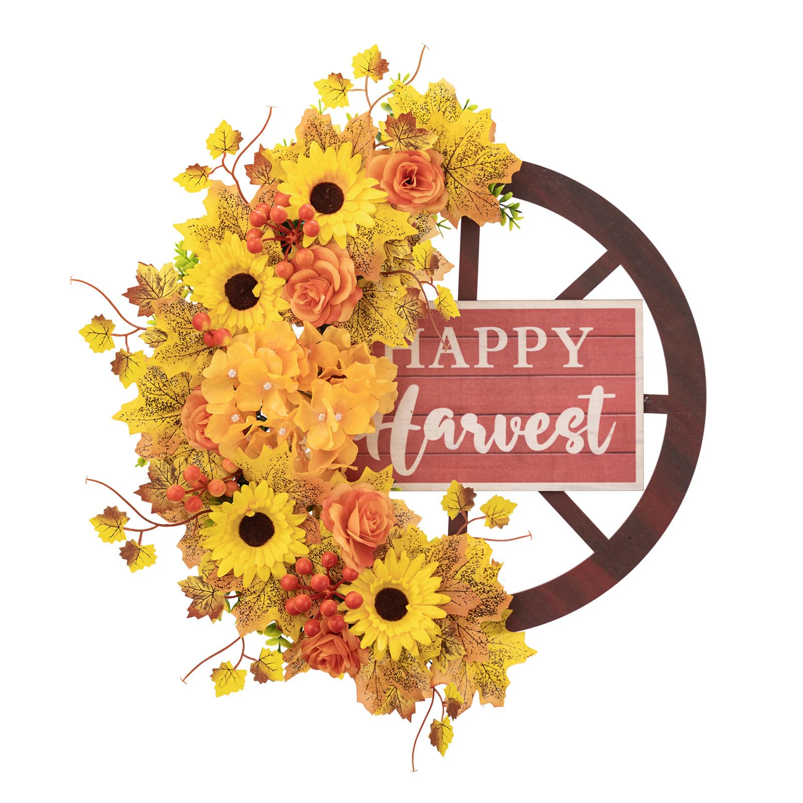 Autumn Harvest Wreath with Wheel for Thanksgiving, Artificial Flower Wreath for Front Door Farmhouses Inside and Outside Artificial Wreaths for Front Door Wreaths for Outdoor Flower for