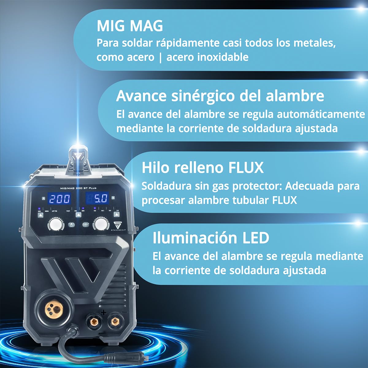 STAHLWERK Soldador combinado 2 en 1 DC TIG 200 Puls Pro – Máquina de soldar TIG & MMA/Electrodo hasta 200 A, función de pulso, apto para chapa fina, para acero, acero inoxidable, cobre y latón