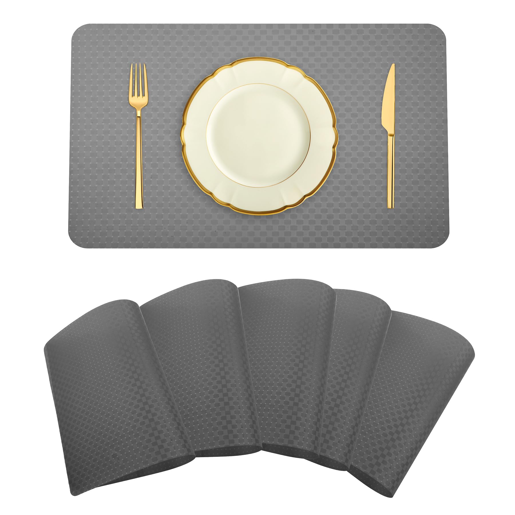 Kuber Industries Placemat | Placemats for Dining Room | Dining Table Placemats | Check-Design Placemat | 6 Piece Set | Gray