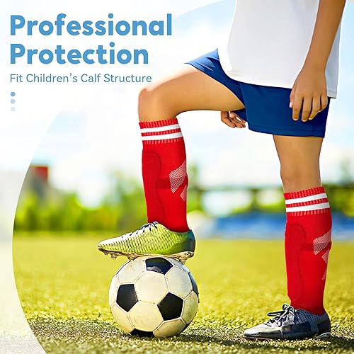 Miniatura 6 de Espinilleras de fútbol para jóvenes y niños con calcetines de fútbol, 3 tamaños, equipo de protección de pantorrillas, equipo ligero y ajustable