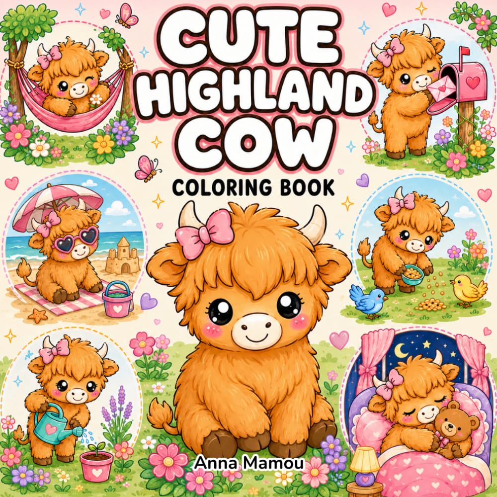 Cute Highland Cow Coloring Book: Adorable Cozy Cow Designs for Adults and Teens Featuring Relaxing, Easy-to-Color Farm Animal Scenes