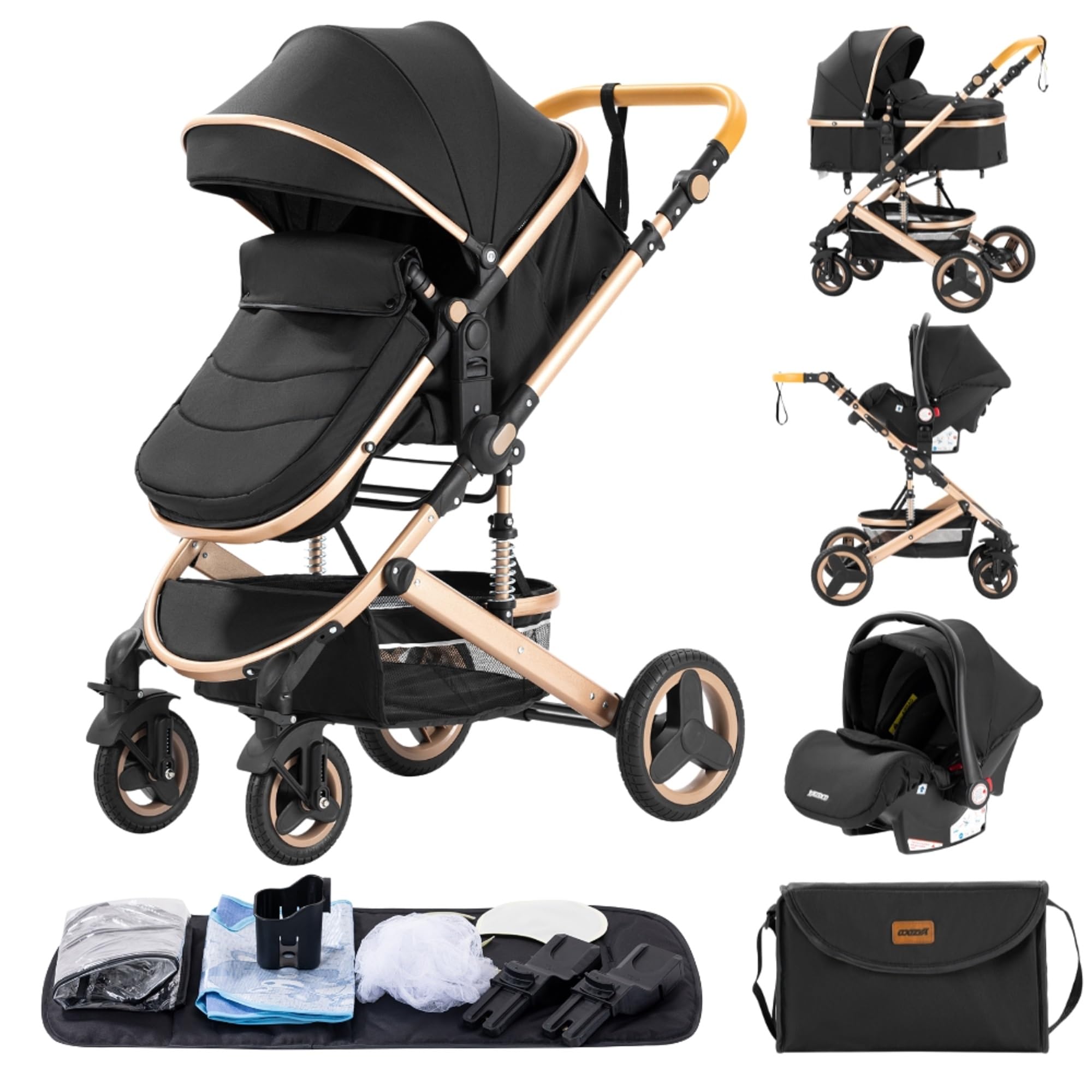 GLOKID Passeggino 3 in 1, Trio, Pieghevole, 4 Ruote con Ammortizzatori, Fino a 25 kg, Nero