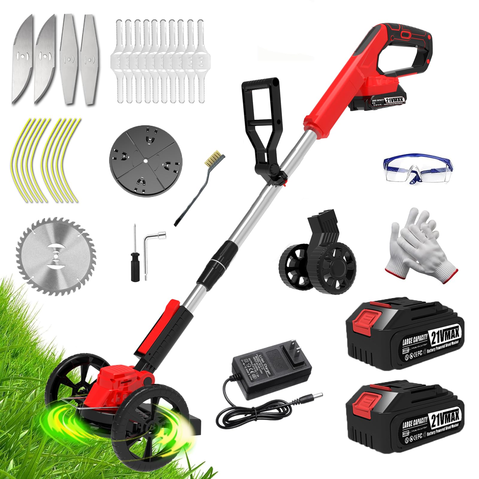 Weed Wacker Cordless, Electric Weed Trimmer Battery Powered with 2 Battery Operated & Charger & 5 Types Blades & Wheels, No-String Grass Trimmer/Lawn Edger/Brush Cutter for Garden Yard