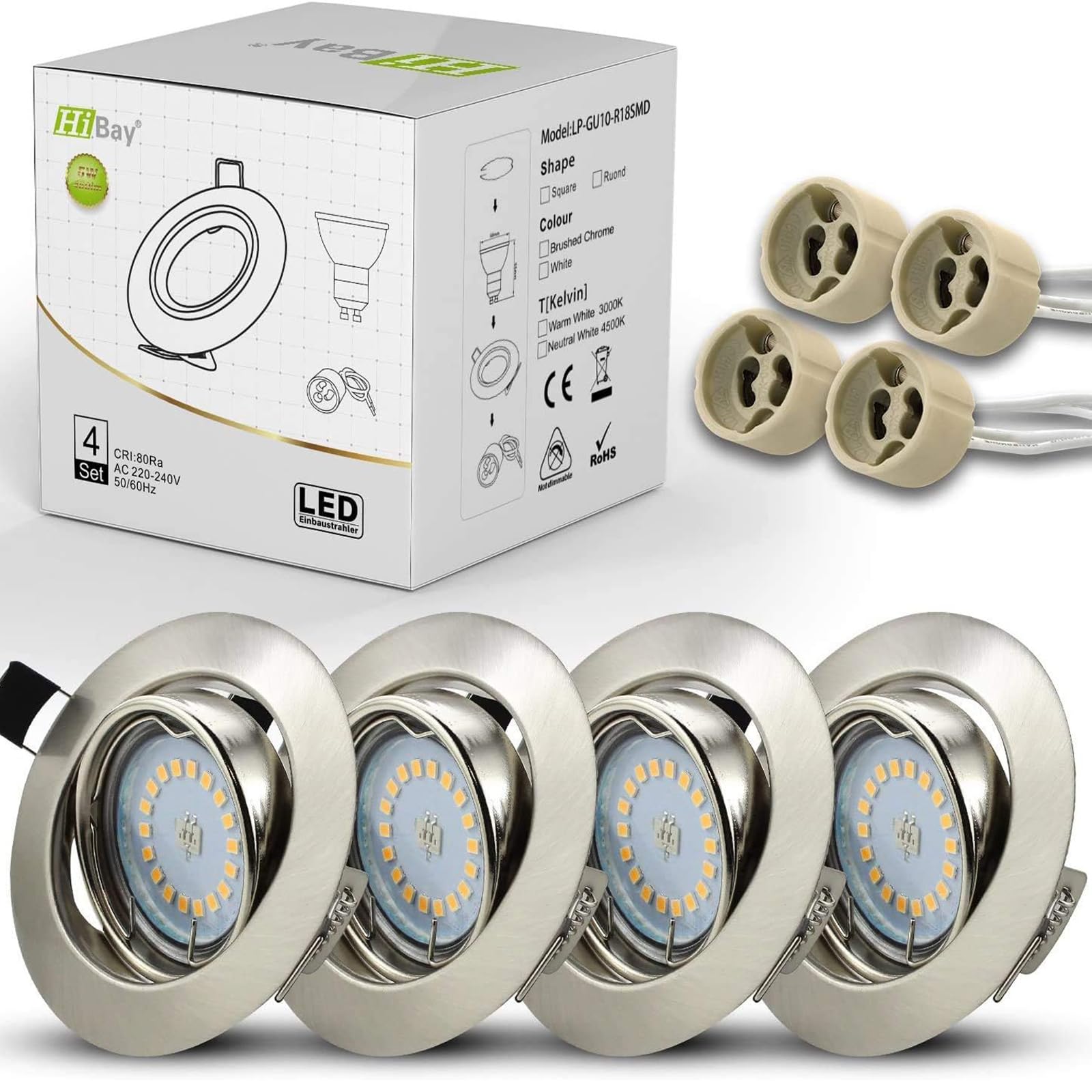 HiBay 10x Faretti LED da Incasso per Cartongesso Orientabile GU10 Bianco Neutro 5W 450LM Diametro Foro 68-80mm 220V Faretti Led Soffitto Acciaio Inox con Lampadine GU10 per Cucina Interno