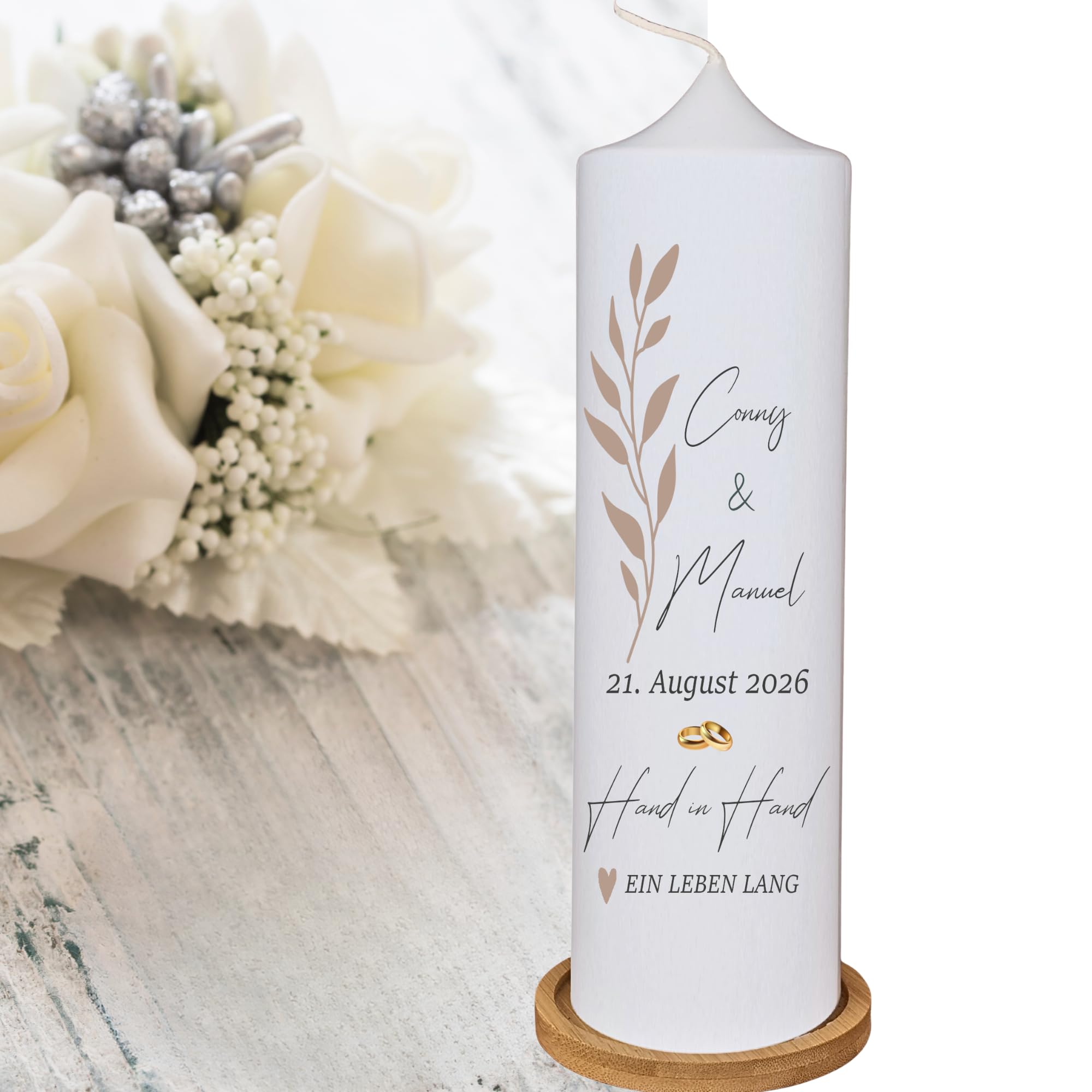 HandMakeCandle Hochzeitskerze Minimalistisch 25 x 7 cm | Mit Namen, Hochzeitsdatum, Trauspruch, Hochzeitsgeschenk