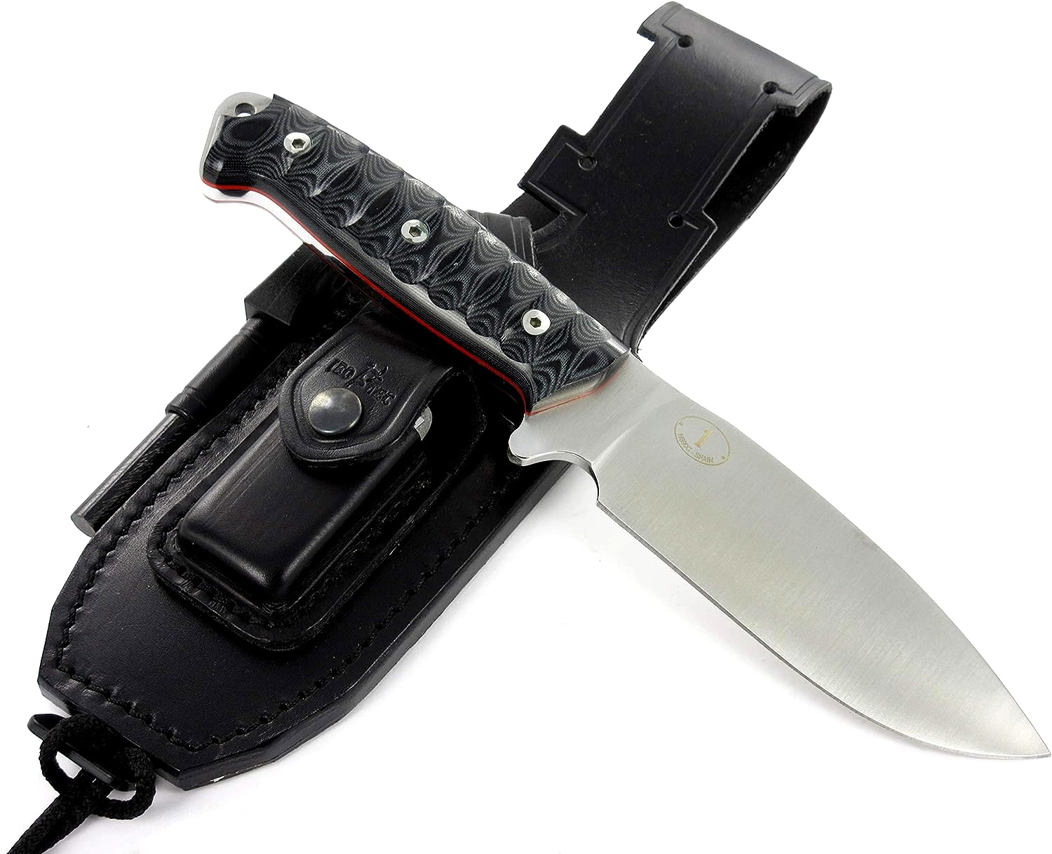 JEO-TEC Nº1 Cuchillo supervivencia caza monte bushcraft camping outdoor campo - Funda de piel con pedernal y piedra de afilar incluidos - Acero BÖHLER N690C - Fabricado en España