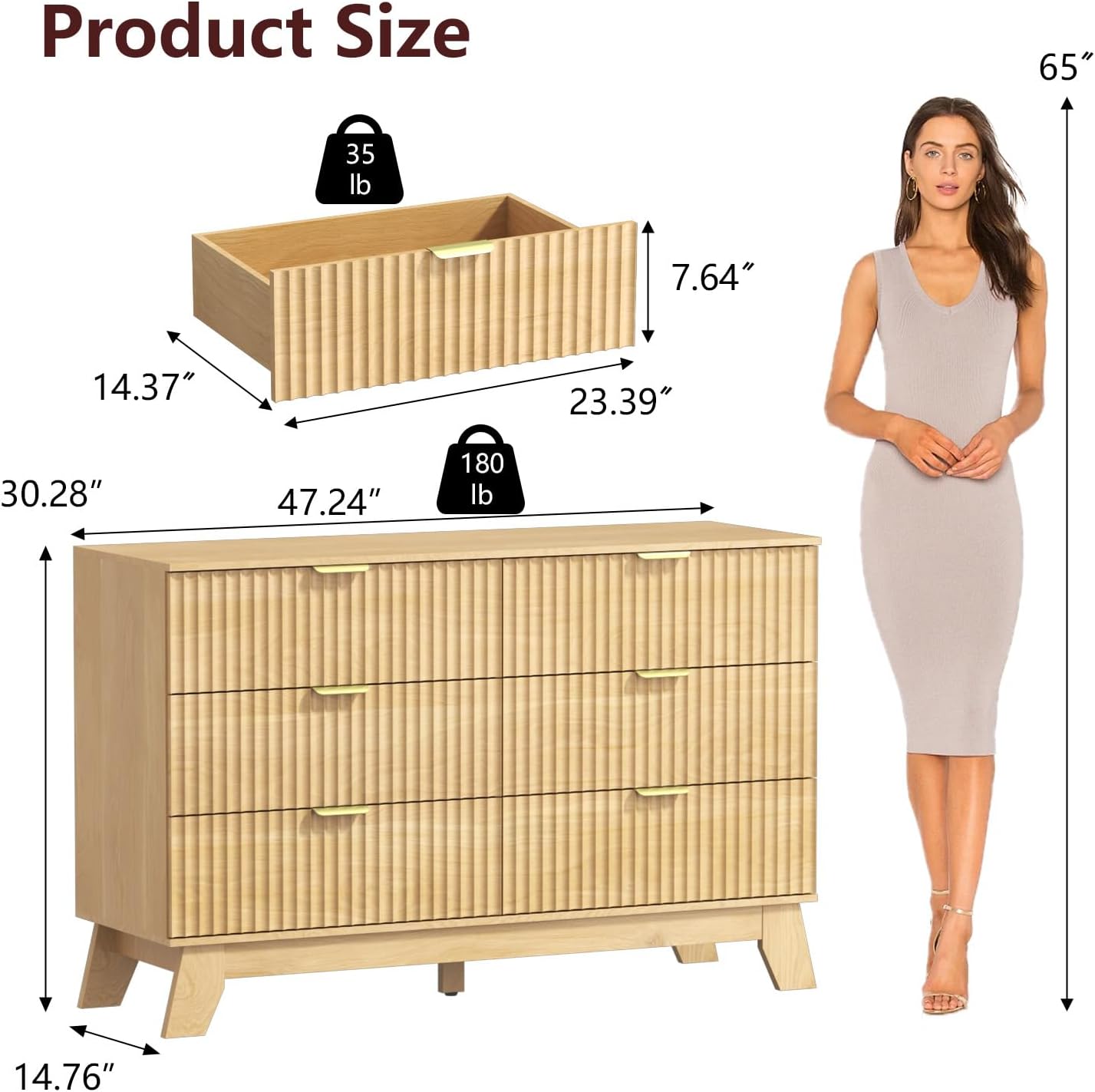 Diagram showing the dimensions of the Thacuok 6-Drawer Dresser and a single drawer