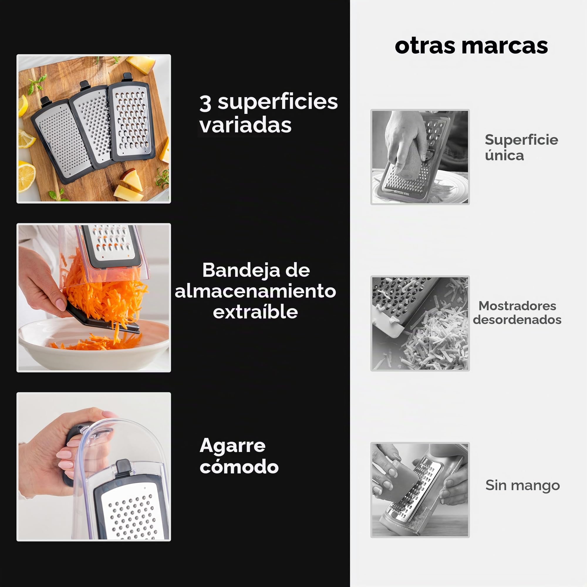 Rallador de queso con triturador de ajo, rallador de verduras con 3 cuchillas de acero inoxidable, ralladores para cocina, ralladores de queso con asa, herramienta picadora de ajo y pelador de