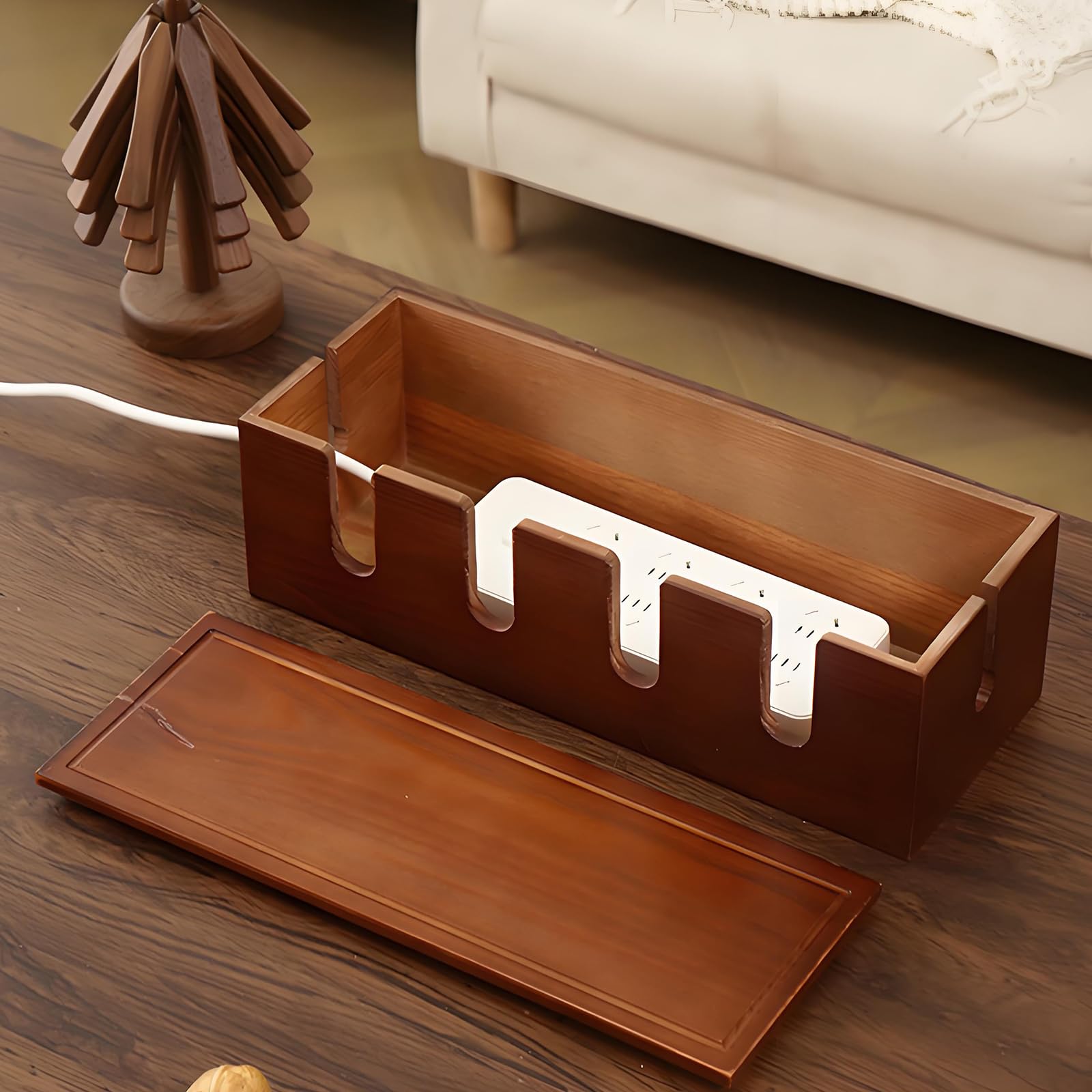 Massivholz Kabelmanagement Box 37,8x14x12cm - Große Kabelbox zum Verstecken von Steckdosenleisten und Kabeln - Braun Holz Kabel Organizer für Schreibtisch, TV und Büro - Kinder- und Haustiersicher