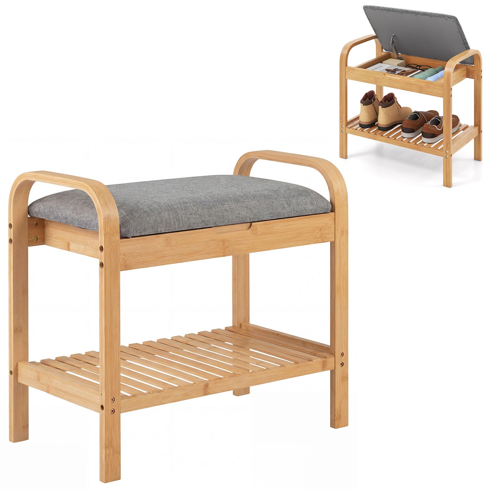 Giantex Small Entryway Bench with Storage, 2-Tier Bamboo Shoe Rack Bench with Flip Top Storage Space and Padded Cushion, Shoe Organizer for Entryway, Living Room, Hallway, Bedroom,Natural