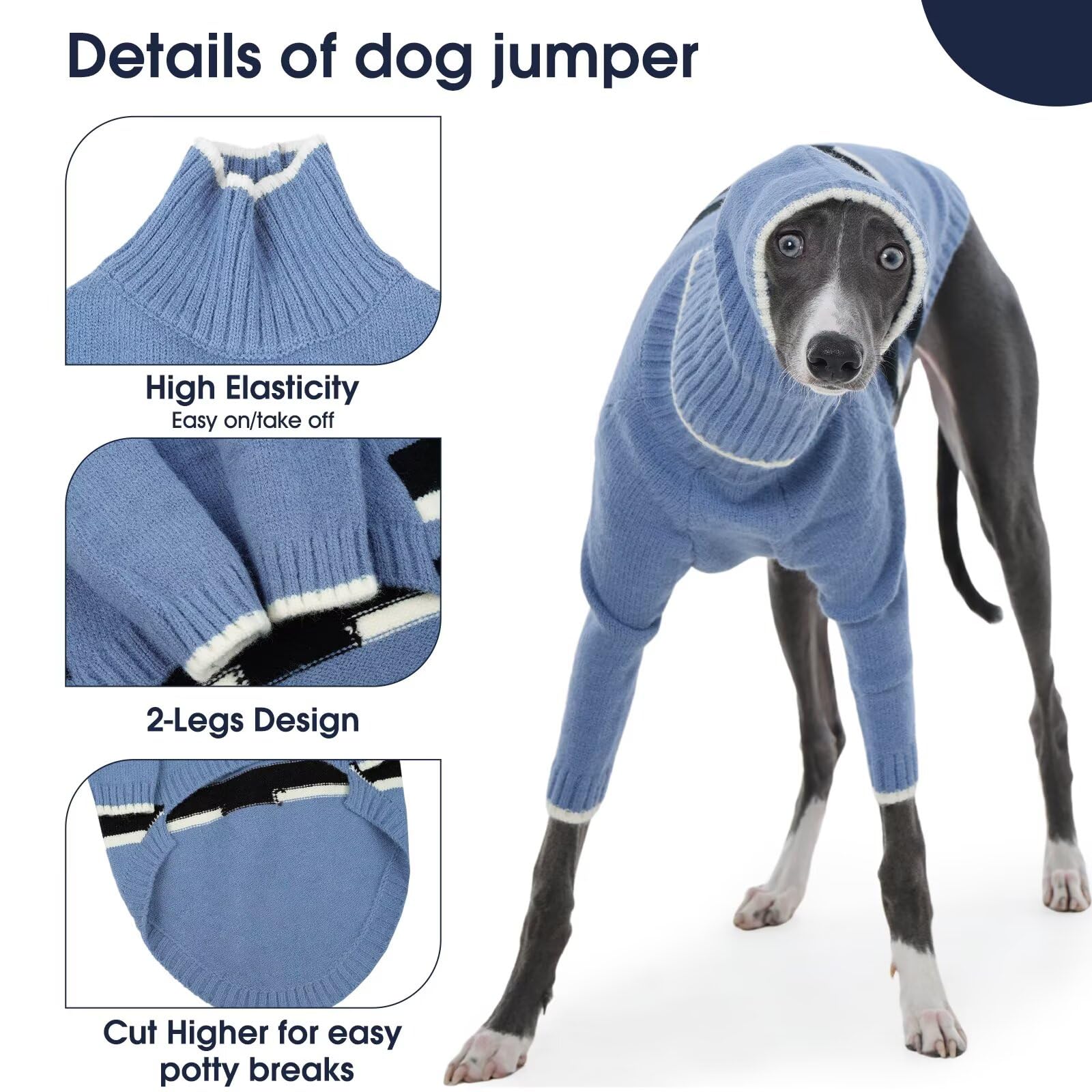 IECOii Whippet Jumper with Head Cover,Pullover Greyhounds Fleece Jumpers Sweater,Turtleneck Dog Coat Fleece,Two-Legged Whippet Dog Clothes,Warm Italian Greyhounds Sweatshirt,Lurcher Jumper,Blue,2XL - Image 4