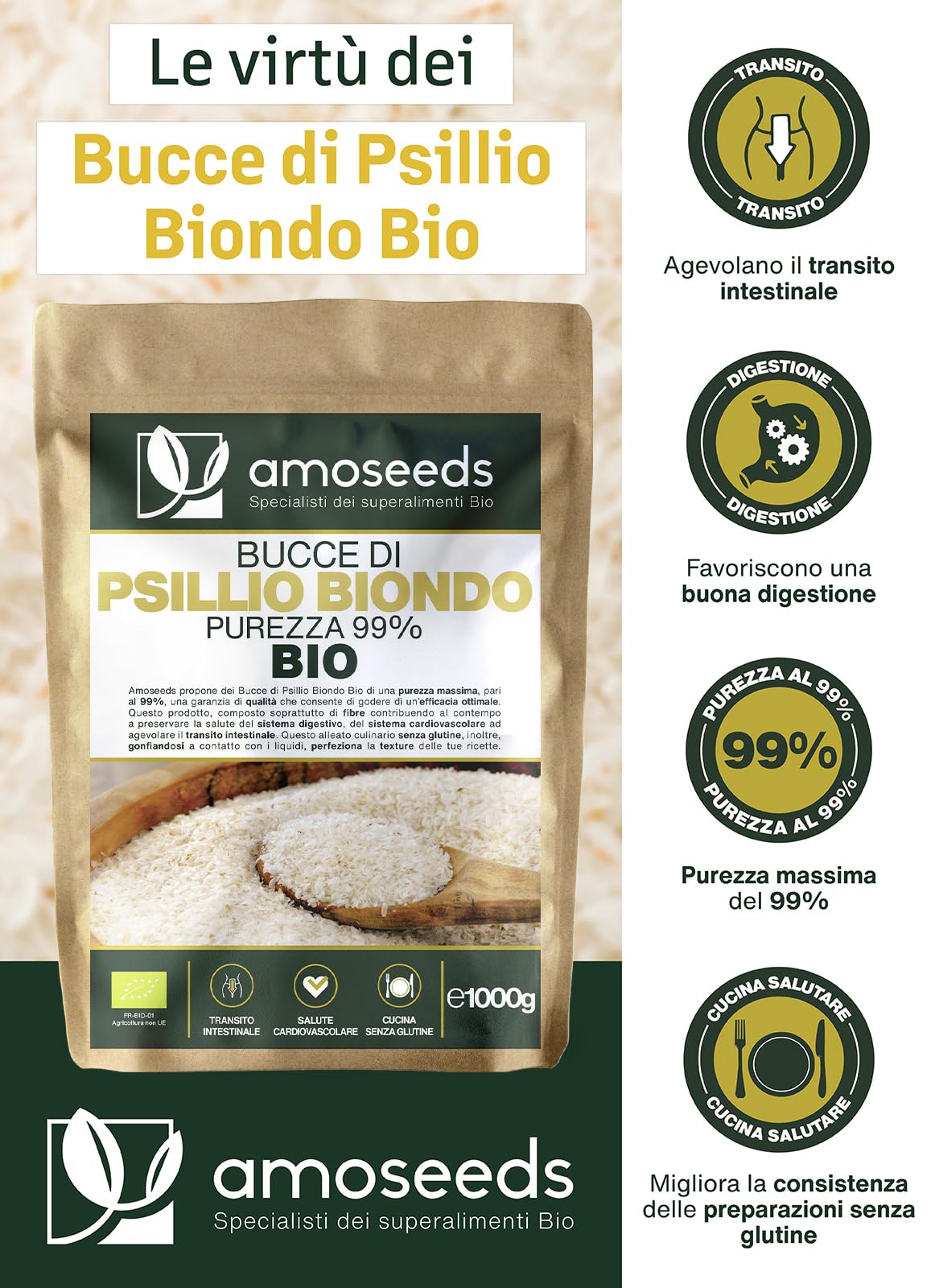 Bucce di Psillio Biondo BIO 1KG | Purezza Massima 99% | Psilio Indiano, Naturale, Puro, Ricco di Fibre | Transito, Digestione, Senza Glutine | Qualità Superiore (1kg)