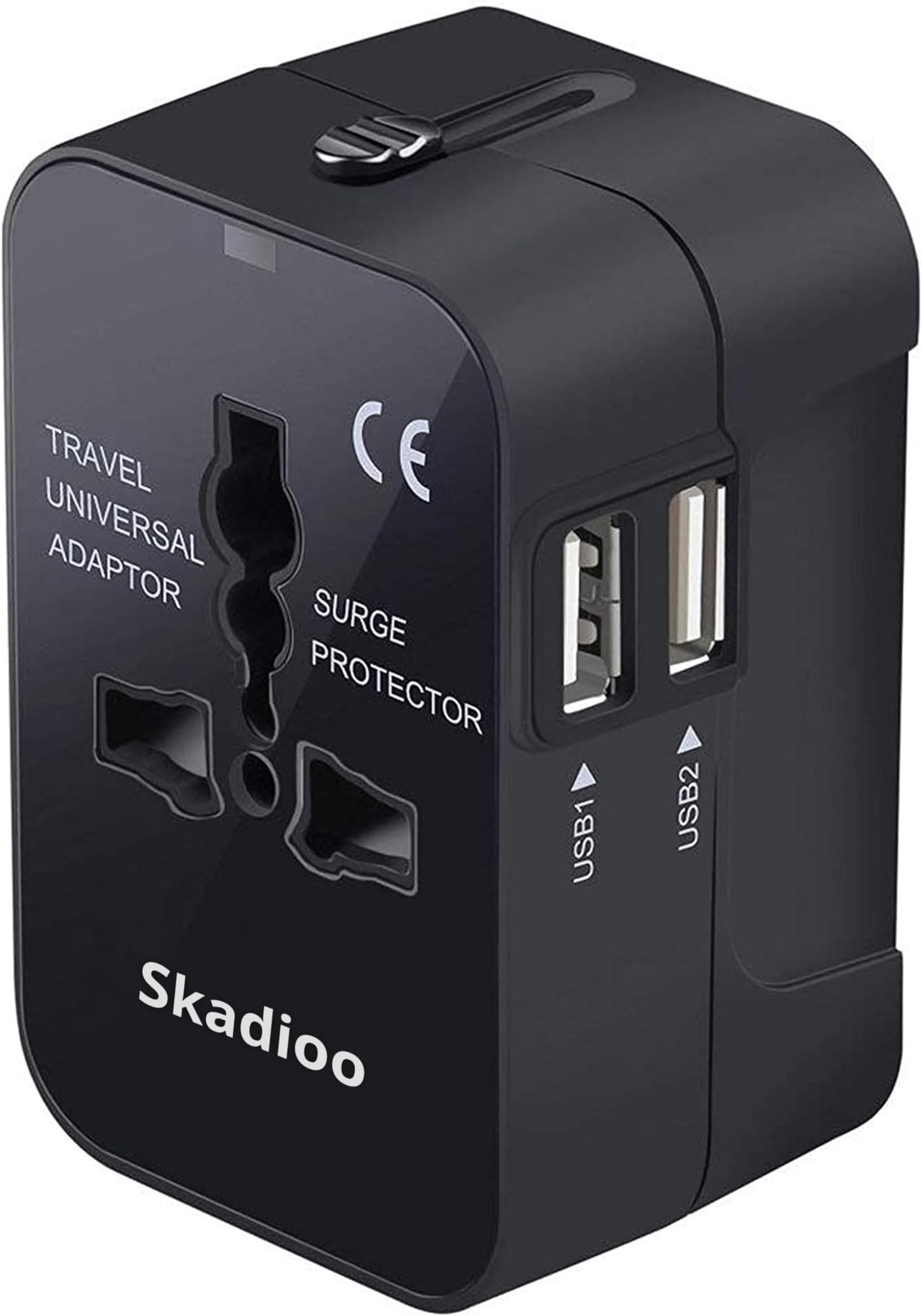 - SKADIOO International Travel Adapter | Universal Charger Adapter with Dual USB Port | 2.1A Fast Charging | Multi Plug Adapter 100-250V for Worldwide Travel | Compact All-in-One Design (Black)