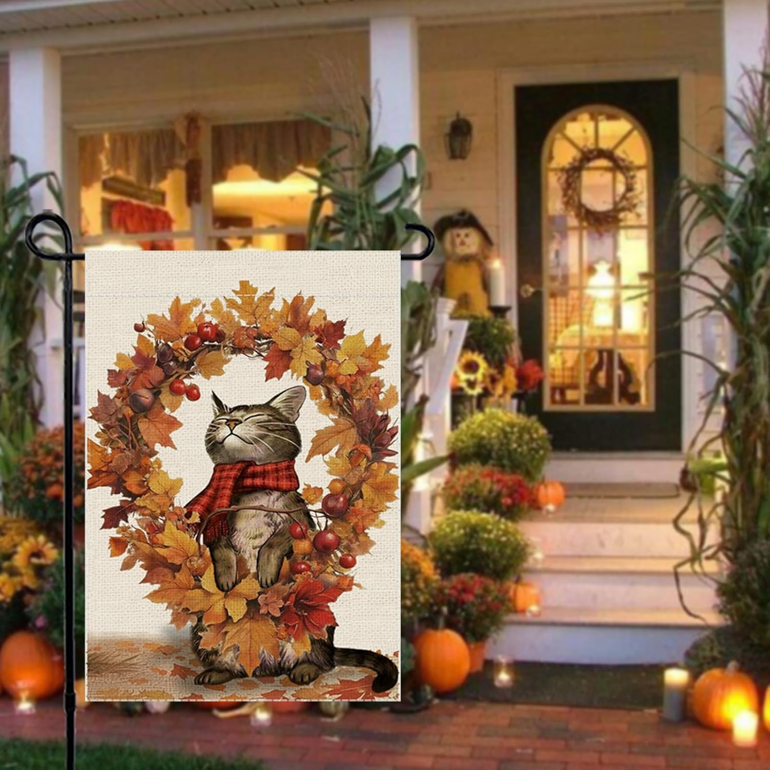 Fall Garden Flag Wreath Cat Welcome Small Flags for Outside, 12x18 Inch Maple Leaves Double Sided Burlap Autumn Thanksgiving Harvest Party Farmhouse Outdoor Yard Lawn Decoration - Image 6