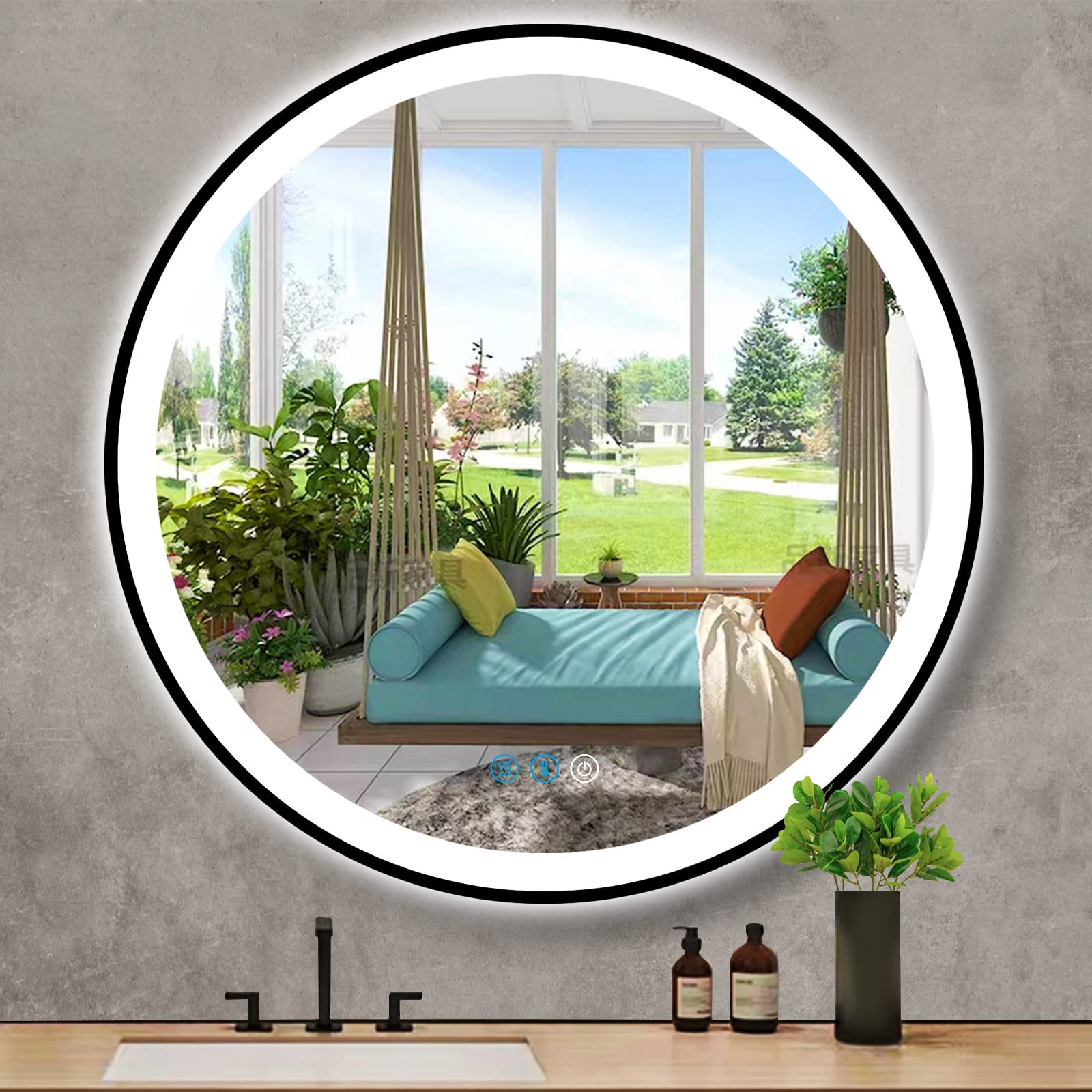 THEKLA 80cm Black Round Bathroom LED Mirror with Black Frame 800mm Round Lighted Mirrors for Bathroom Wall LED Circle Vanity Mirror with Lights Black Framed Smart Memory 3 Color Dimmable Anti-Fog