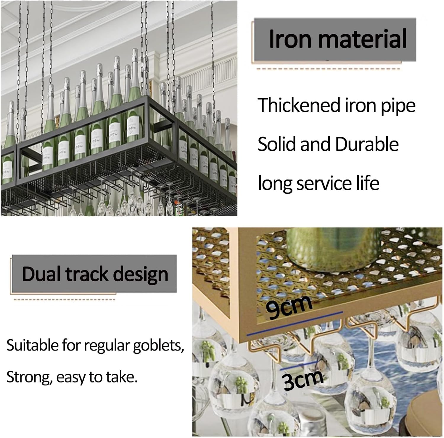 Adjustable Metal Wine Rack with Hanging Glass Holder Ceiling Mounted Bottle Shelf for Bar Elegant Wine Display Stand Perfect for Home and Restaurant Use