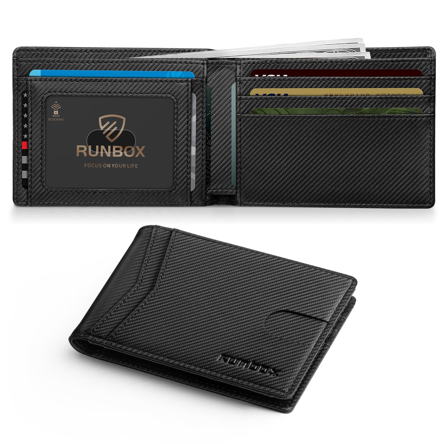 RUNBOX Wallet for Men Slim Leather Bifold RFID Blocking Minimalist Front Pocket Design with Gift Box