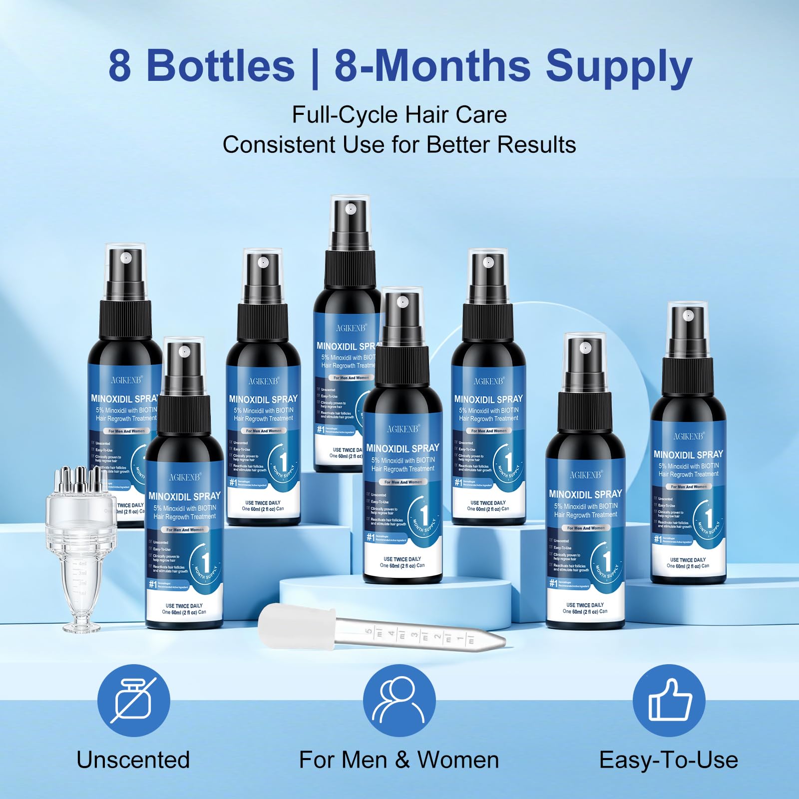 AGIKENB 5% Minoxidil Hair & Beard Growth Spray with Biotin, 8 Pack