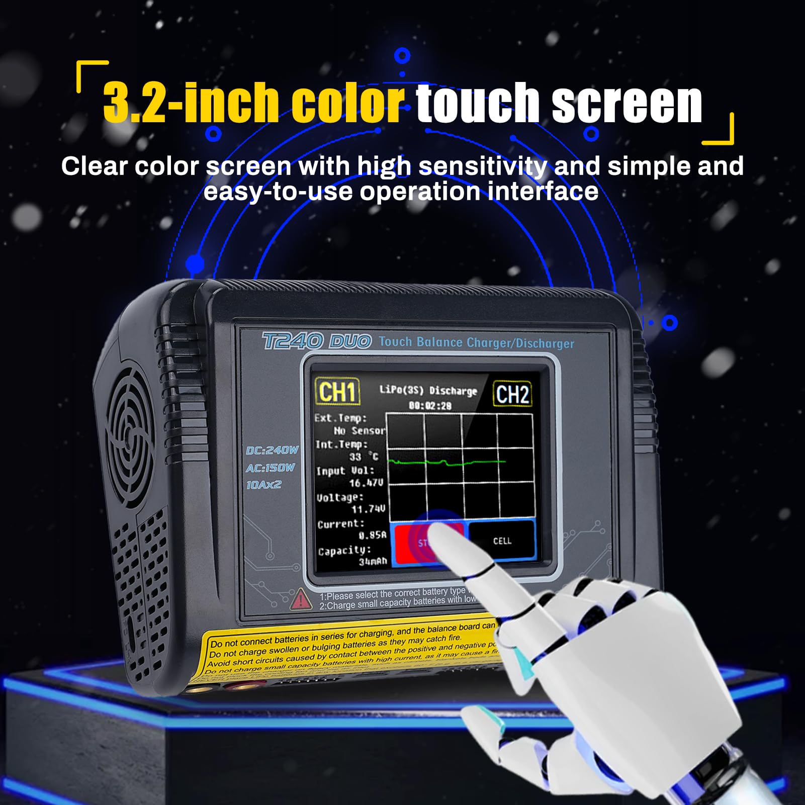 Cargador baterias Coche con equilibrador batería Cargador Dual CC/CA 11-18V 240W CA 100-240V 150W Detección Auto LiPo/Lilon/Life/NiMH/Ni/PB/NiMH Pantalla táctil LCD de 3,2 Pulgadas 10A (T240)