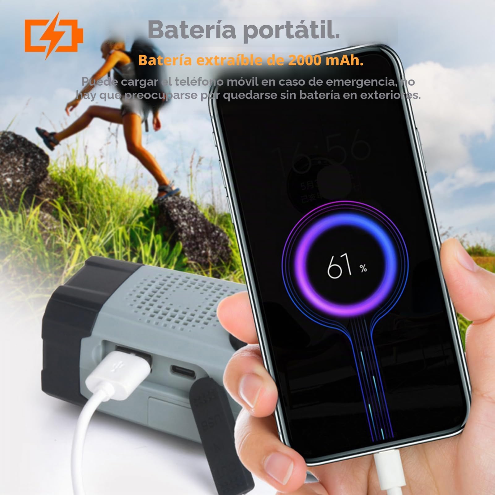 Radio de Emergencia Portátil Radio de Manivela con Linterna LED Alarma SOS Am FM 2000mAh Power Bank USB para Acampada Invernal Emergencias Invernales Regalos Unisex