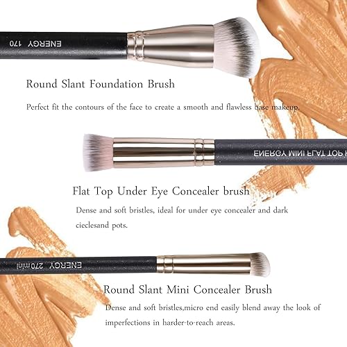 Miniatura 3 de ENERGY Juego de brochas de maquillaje profesional para base de maquillaje con parte superior plana, mini brochas para sombra de ojos para contorno